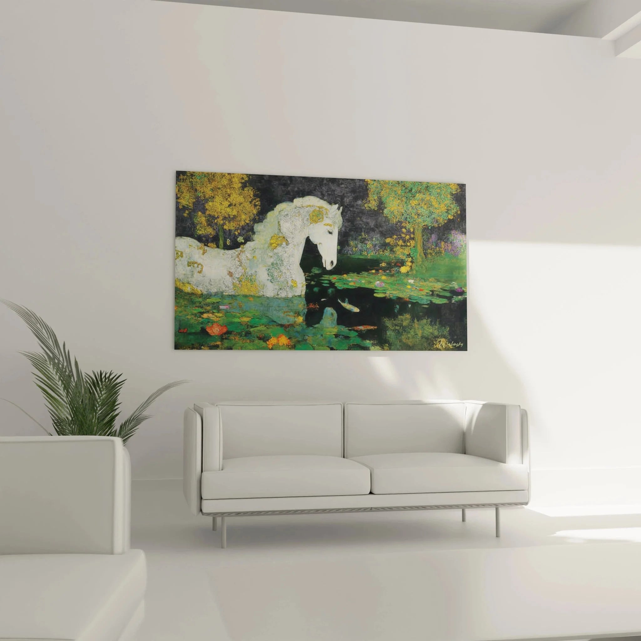 Detailansicht mystisches Einhorn Wandbild - weißes Fabelwesen mit goldenen Akzenten und Wasserspiegelung