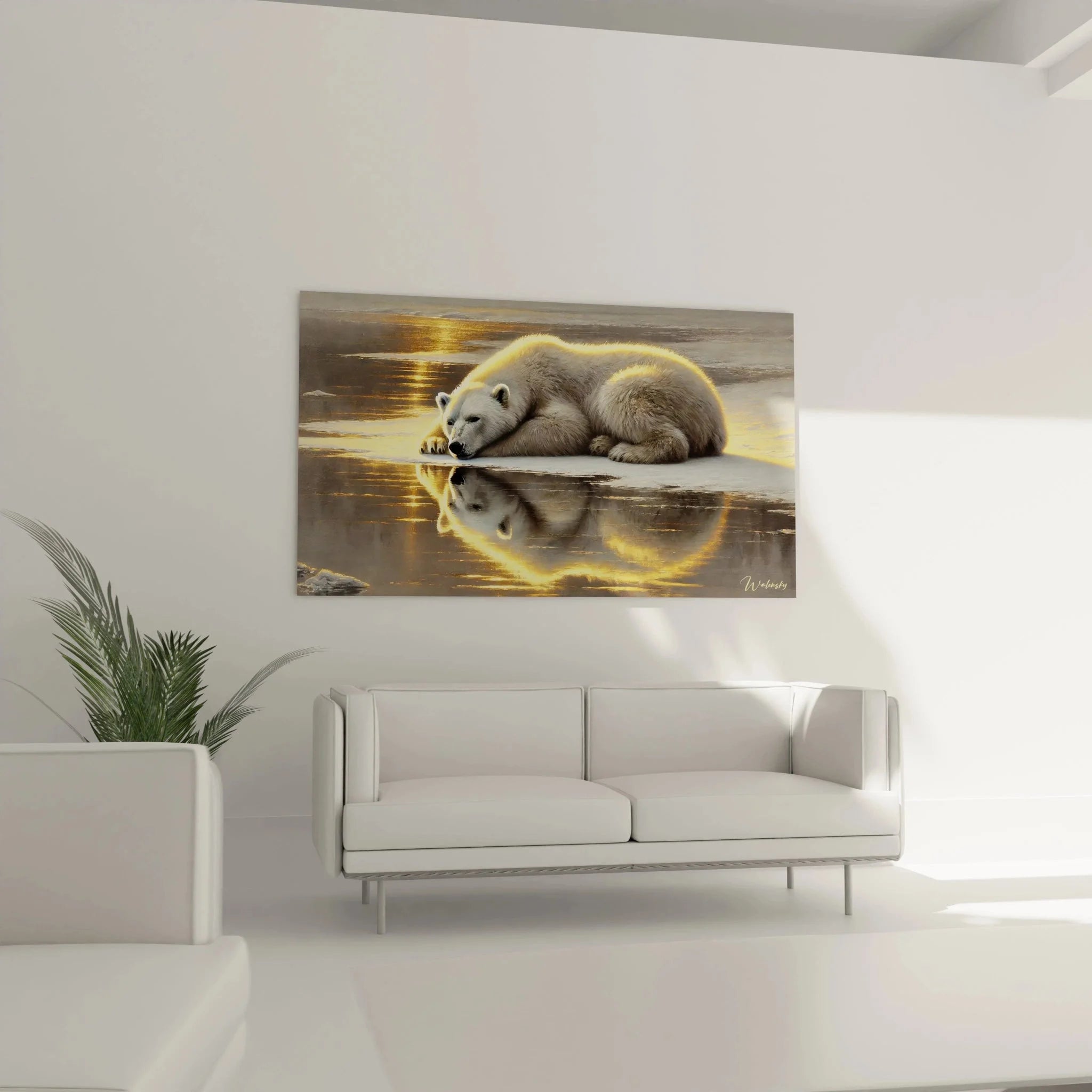 Detailansicht Wandbild Eisbär - realistische Fellstruktur und goldene Lichteffekte