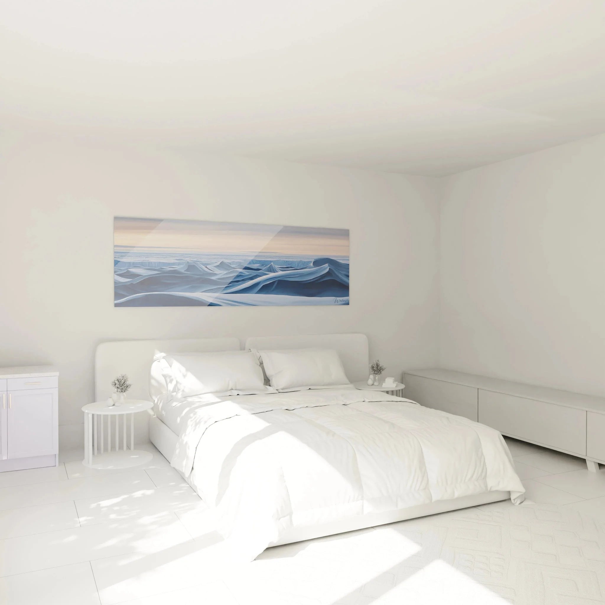 Eislandschaft Wandbild XXL in modernem Schlafzimmer - arktische Landschaftskunst als Dekoration