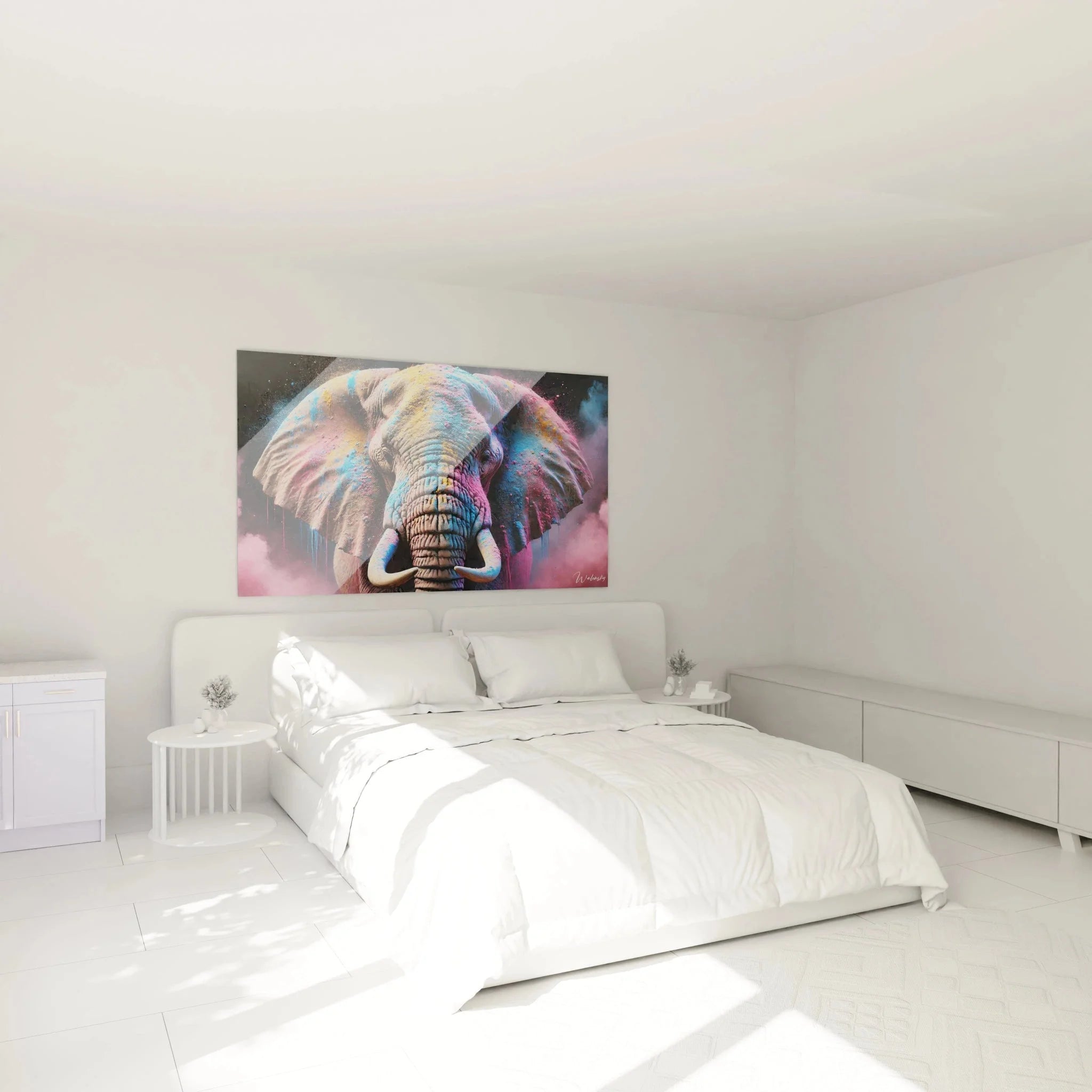 Elefant Wandbild bunt im Schlafzimmer als moderne Wanddekoration über dem Bett