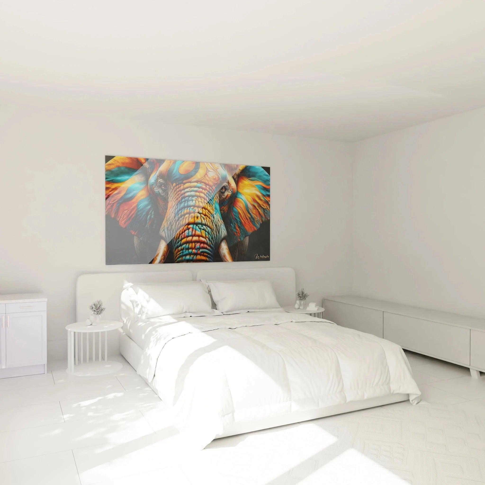 Elefant Wandbild XXL abstrakt farbig in modernem Schlafzimmer Ambiente - Edition Elefant