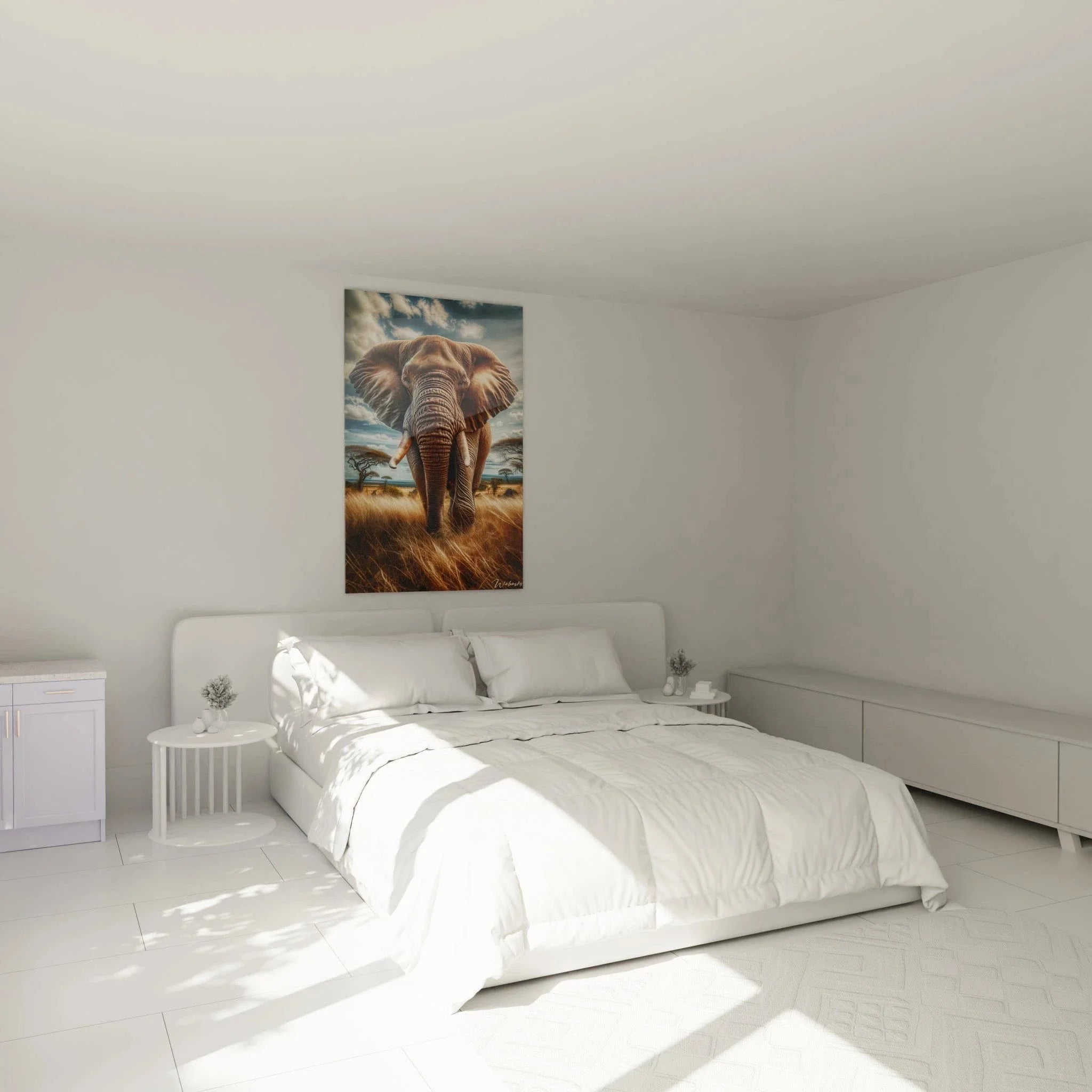 Elefant Wandbild XXL in modernem Schlafzimmer als stilvolle Afrika Wanddekoration
