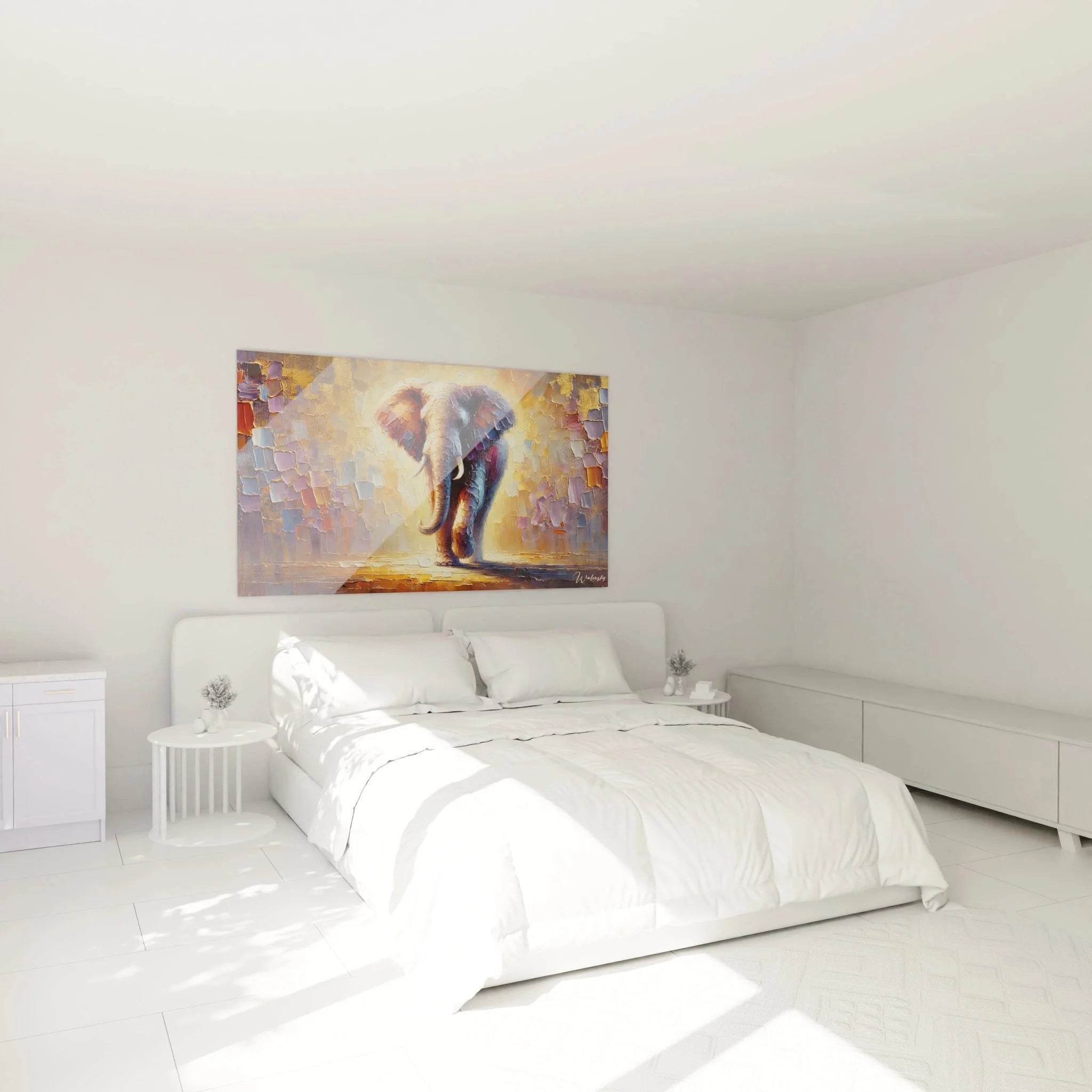Elefant Wandbild XXL als stilvolle Wanddekoration im modernen Schlafzimmer mit warmem Ambiente