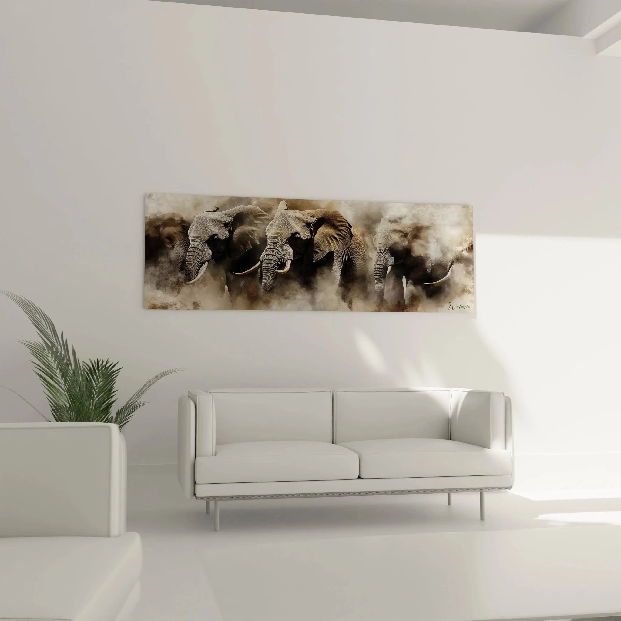 Detailaufnahme Elefanten Leinwand mit Stoßzähnen und Rüssel, hochwertige Druckqualität sichtbar