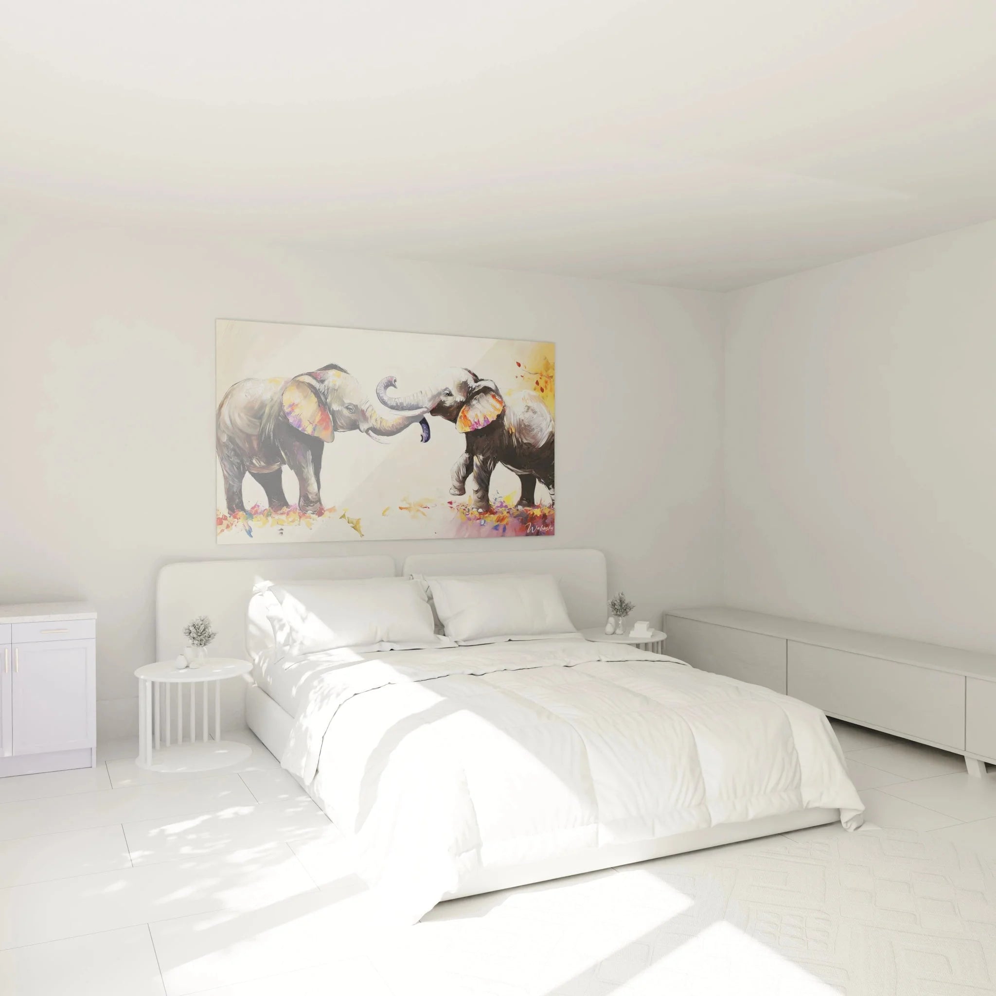 Elefanten Wandbild in modernem Schlafzimmer als stilvolle Wanddekoration über dem Bett