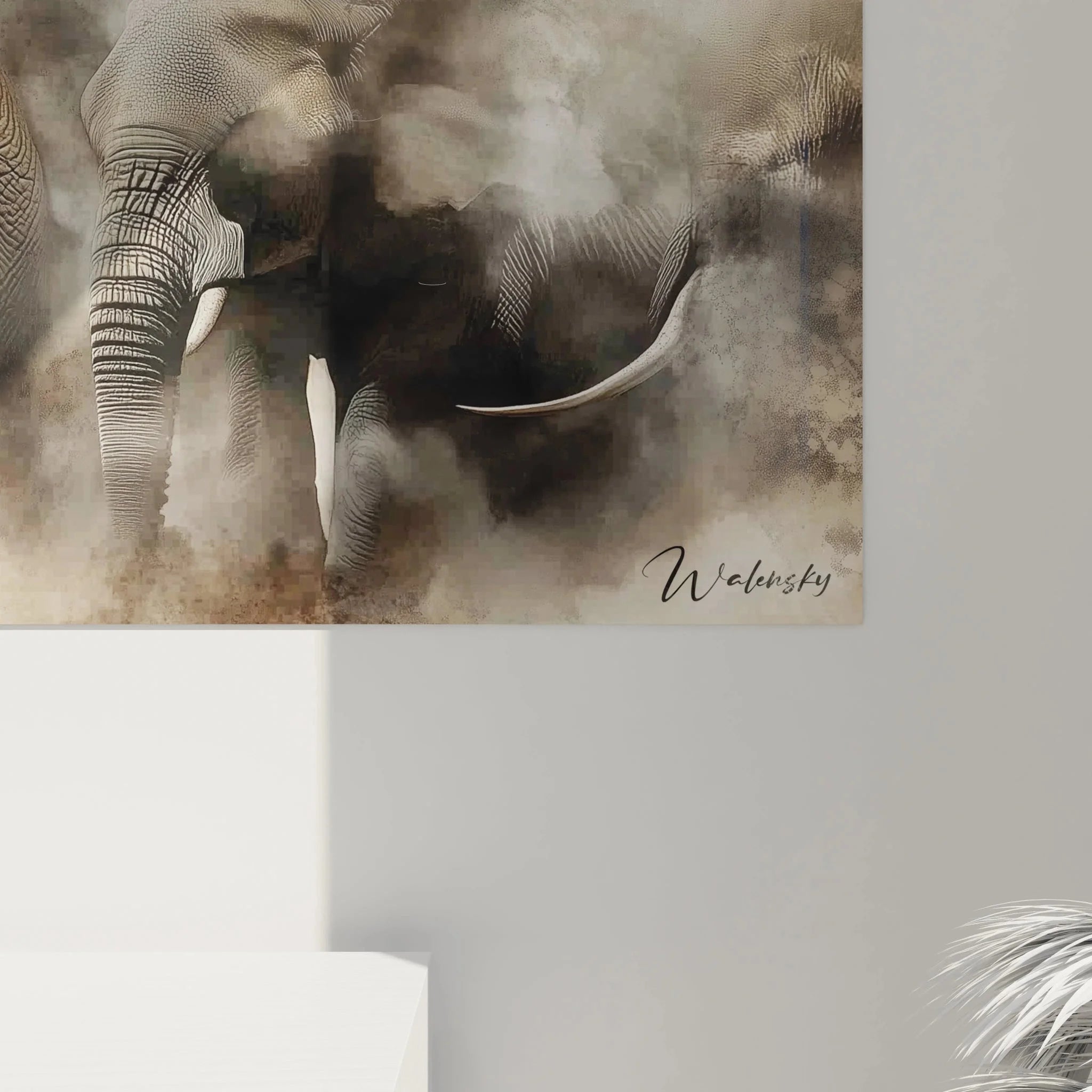 Gesamtansicht Wandbild Elefantenherde panorama Format, drei Elefanten in Savanne Stimmung