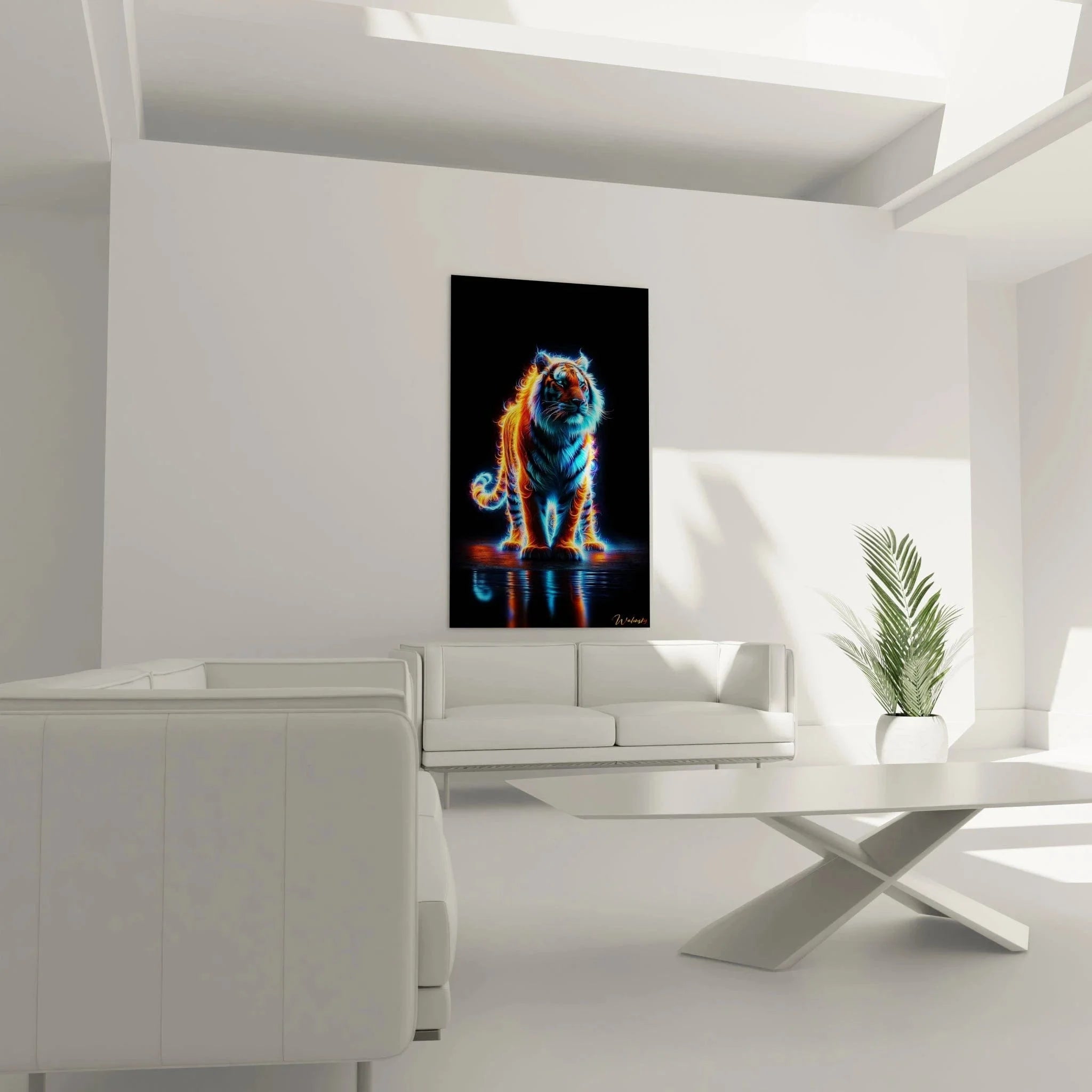 Detailansicht elektrischer Tiger mit Neon Fell und leuchtenden Gesichtszügen