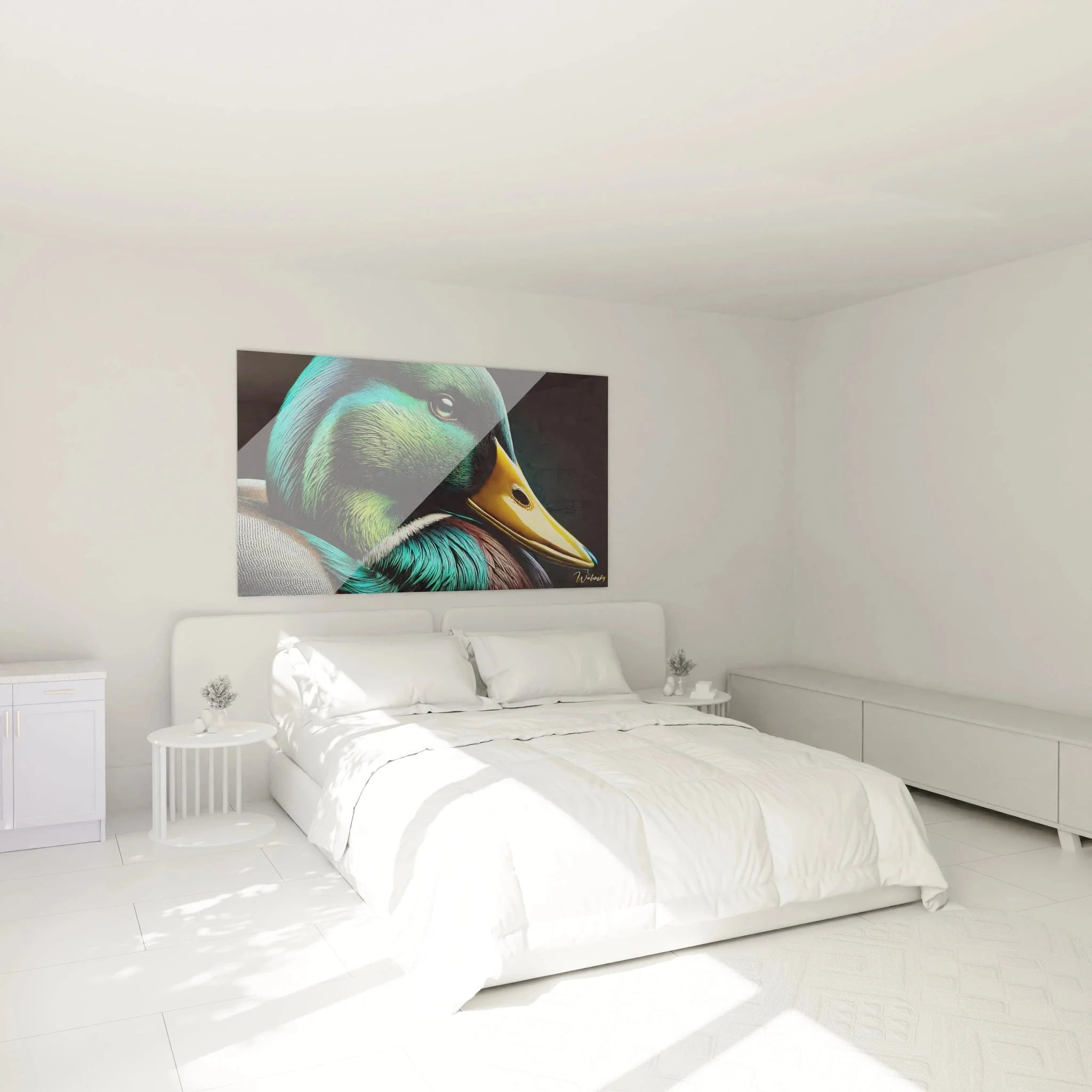 Enten Wandbild XXL als stilvolle Wanddekoration im modernen Schlafzimmer mit natürlicher Atmosphäre