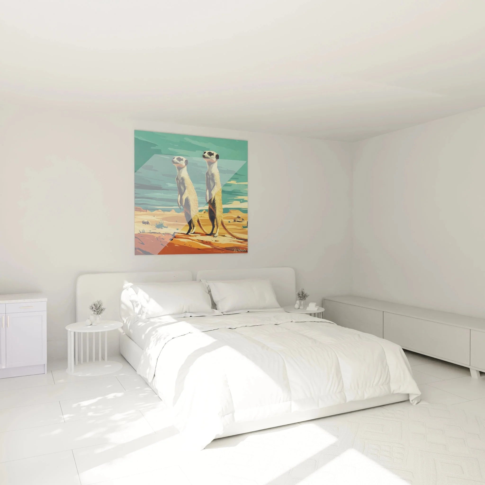 Erdmännchen Wandbild XXL in modernem Schlafzimmer - Wüstenmotiv mit Surikaten als Wanddekoration