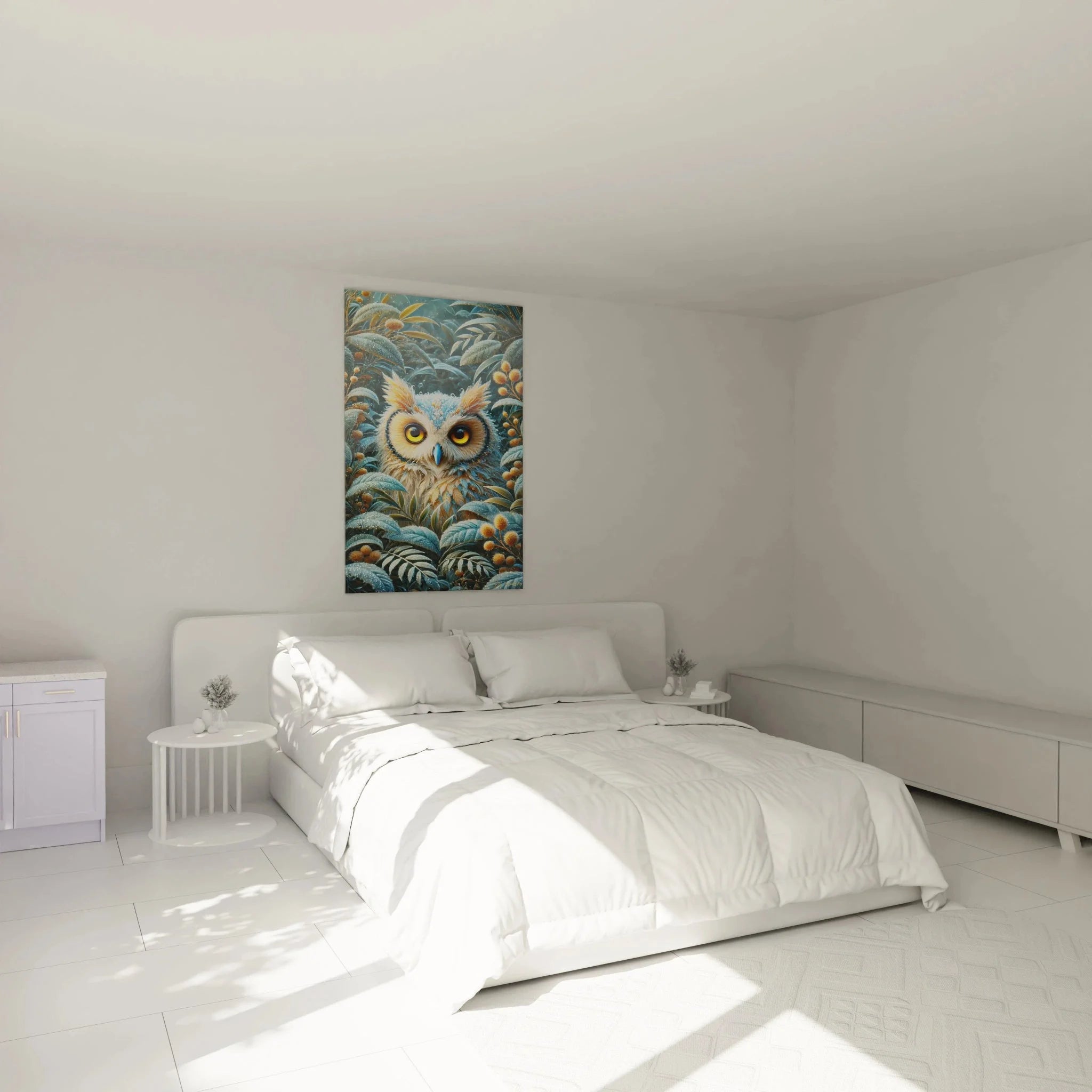 Eulen Wandbild mit goldenen Augen als Schlafzimmer Dekoration - mystische Wandkunst XXL Format