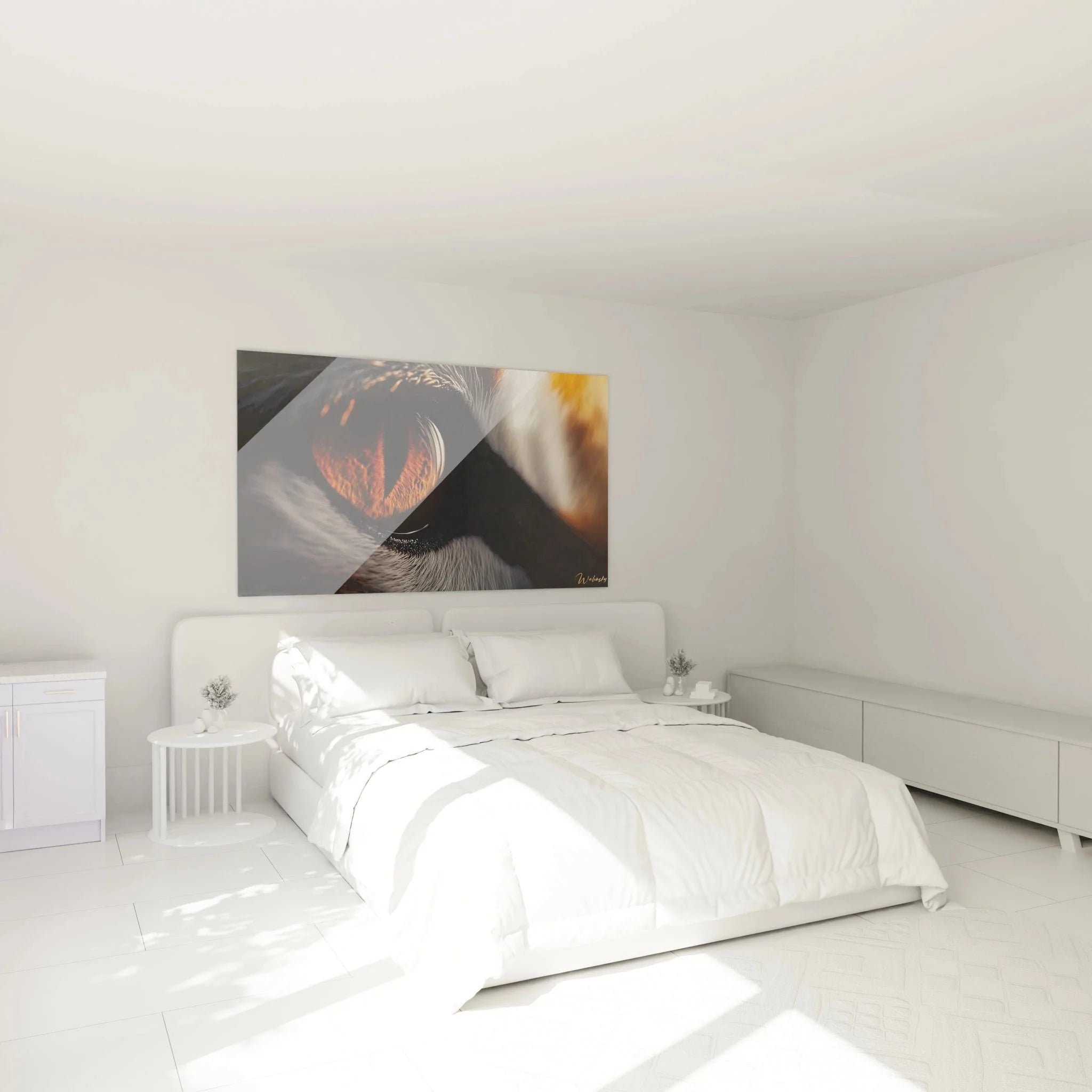 Eulenauge Wandbild XXL als stilvolle Wanddekoration im Schlafzimmer - mystischer Bernsteinblick