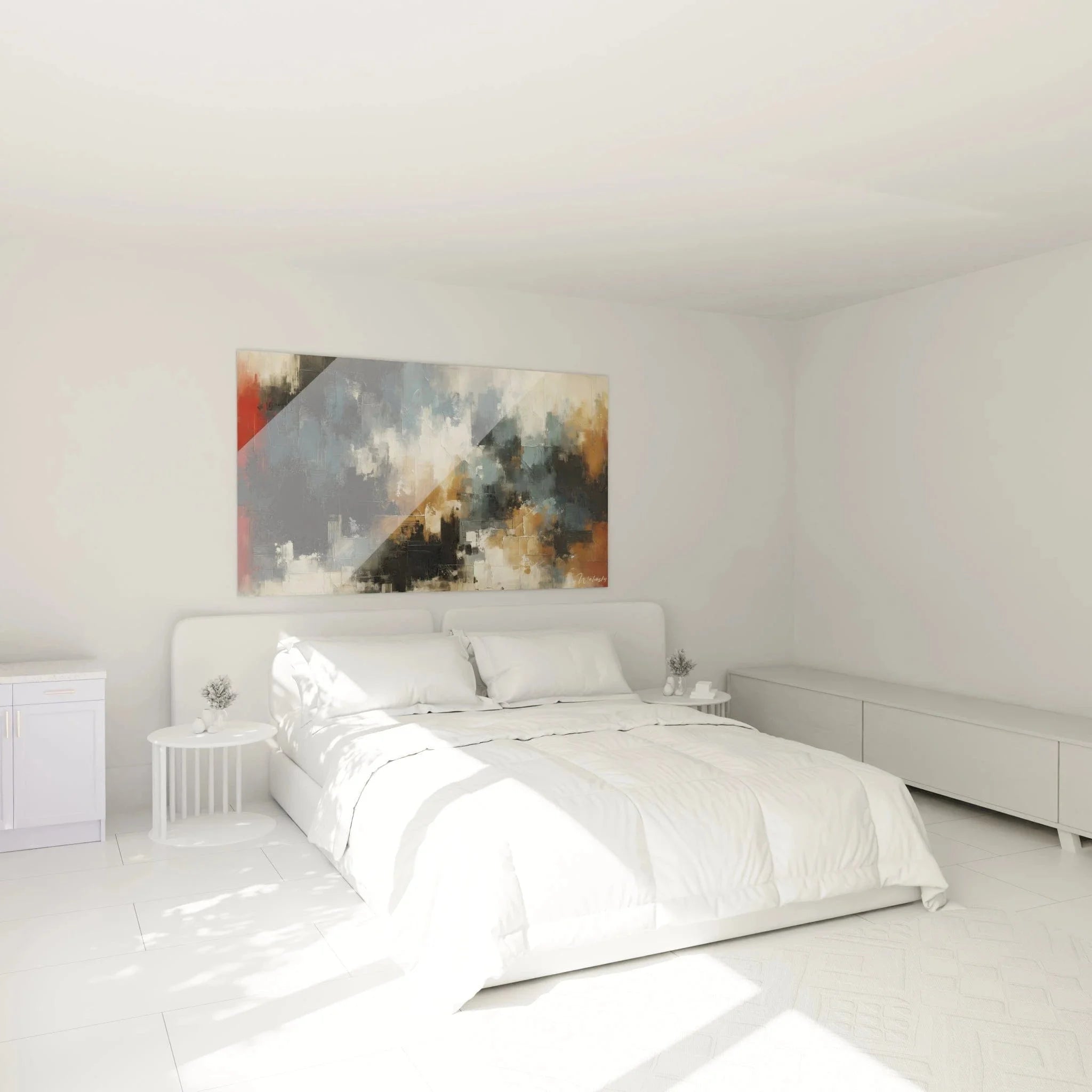 Expressionistisches Wandbild abstrakte Komposition im Schlafzimmer moderne Wandgestaltung urbane Kunstwerk