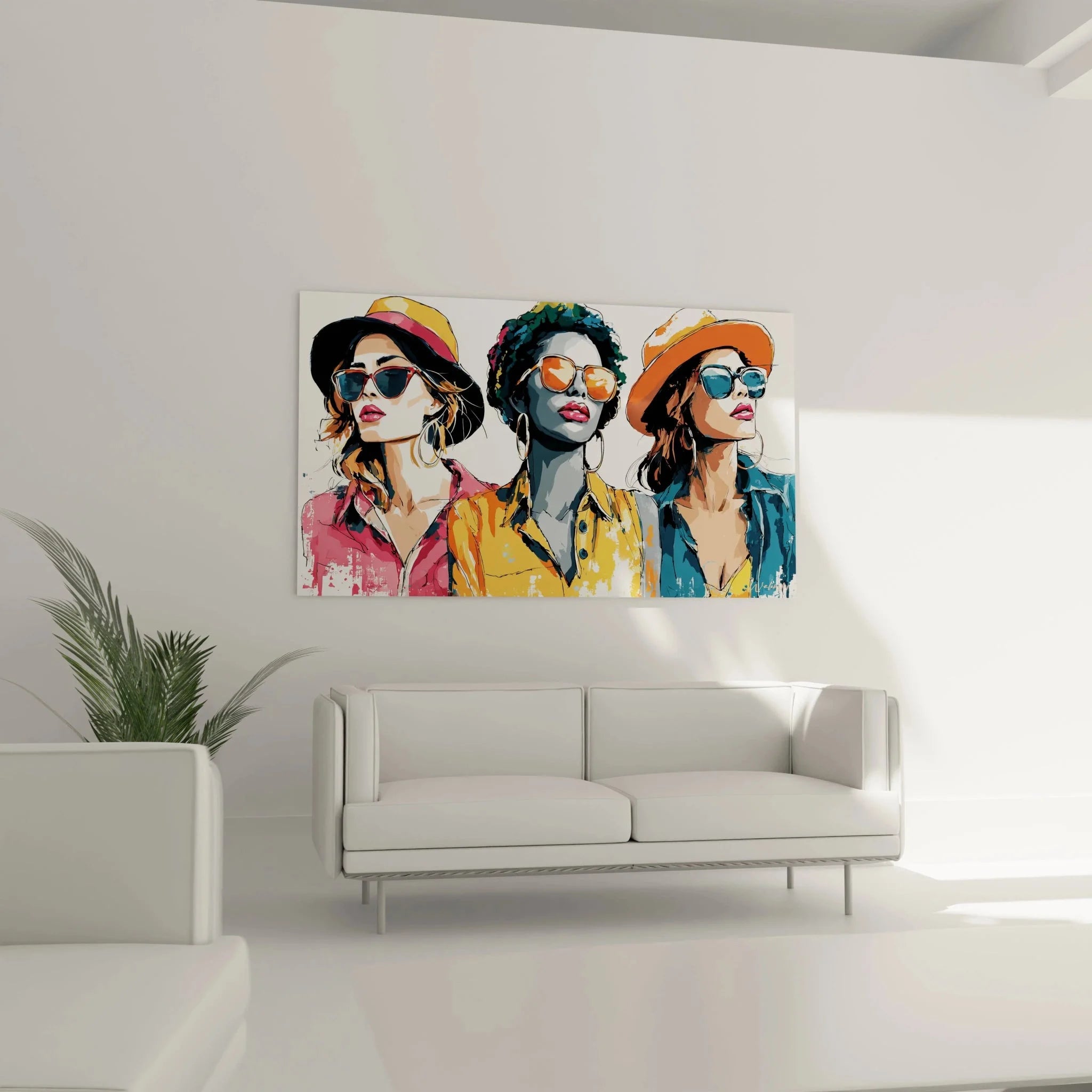 Detailansicht Fashion Girls Wandbild zeigt künstlerische Maltechnik und leuchtende Farben der Modeillustration
