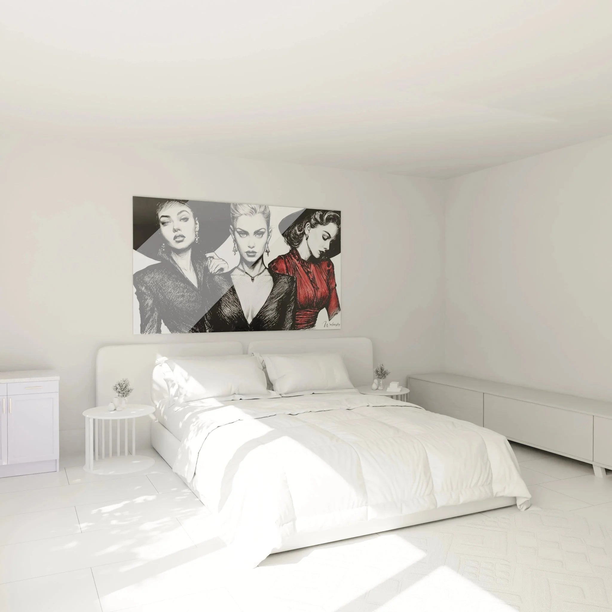 Fashion Models Wandbild in modernem Schlafzimmer Ambiente mit eleganter Modekunst Dekoration