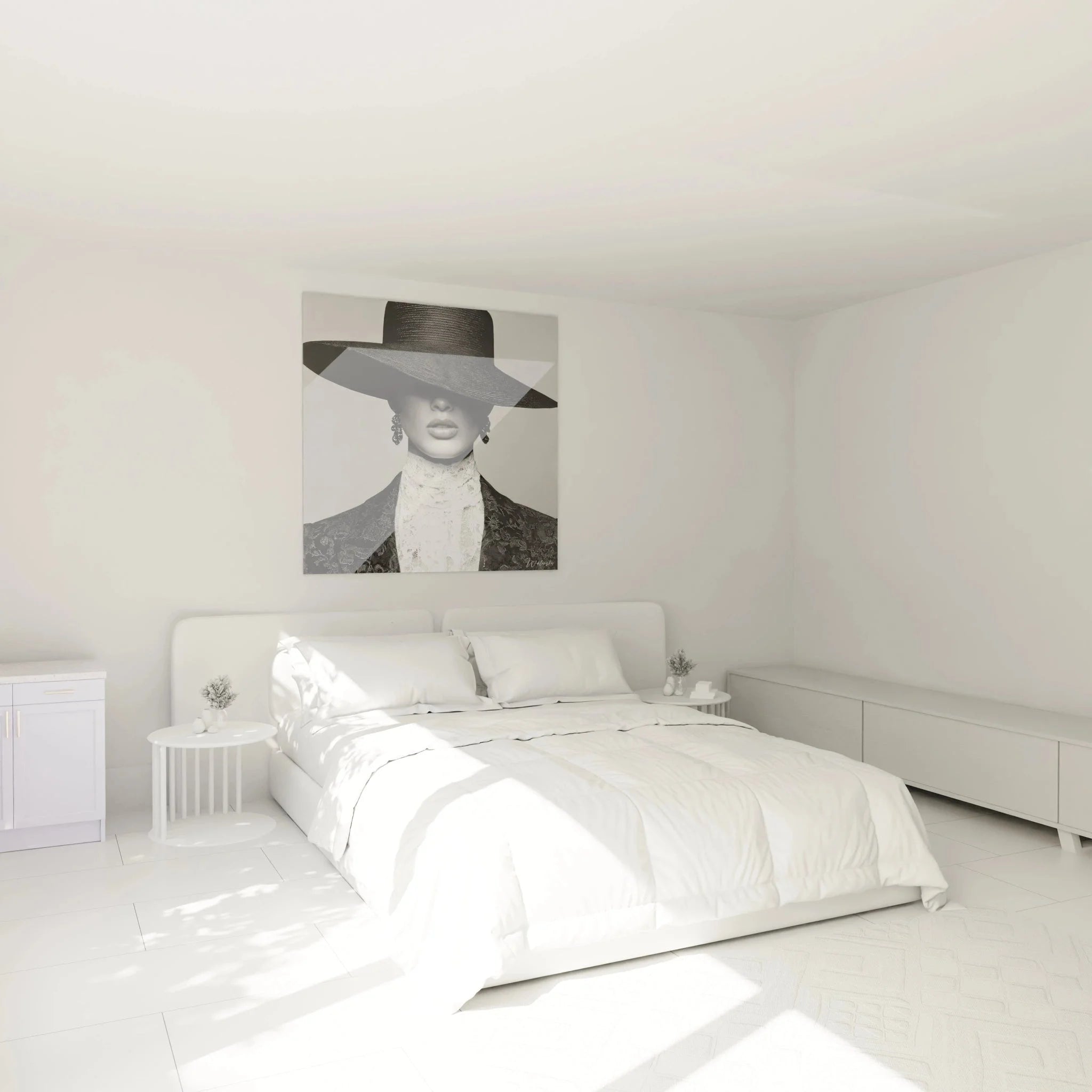Schwarz-Weiß Wandbild elegante Dame mit Hut in stilvoller Schlafzimmer-Atmosphäre als Wanddekoration