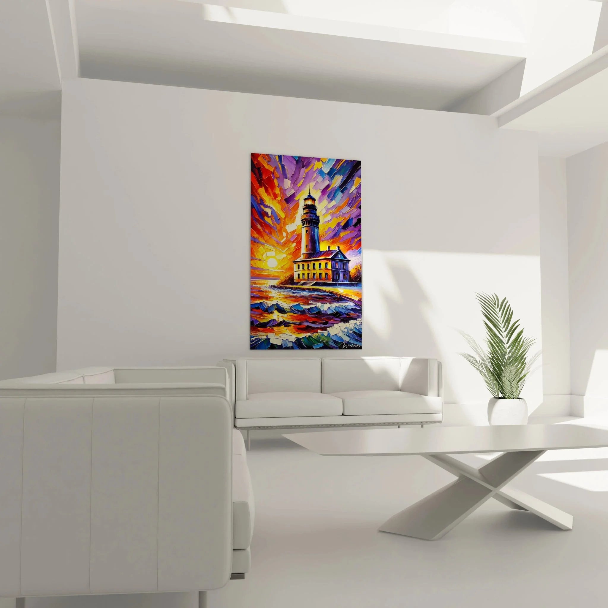 Detailansicht Fauvismus Leuchtturm Wandbild expressive Maltechnik leuchtende Farben Sonnenuntergang Küste