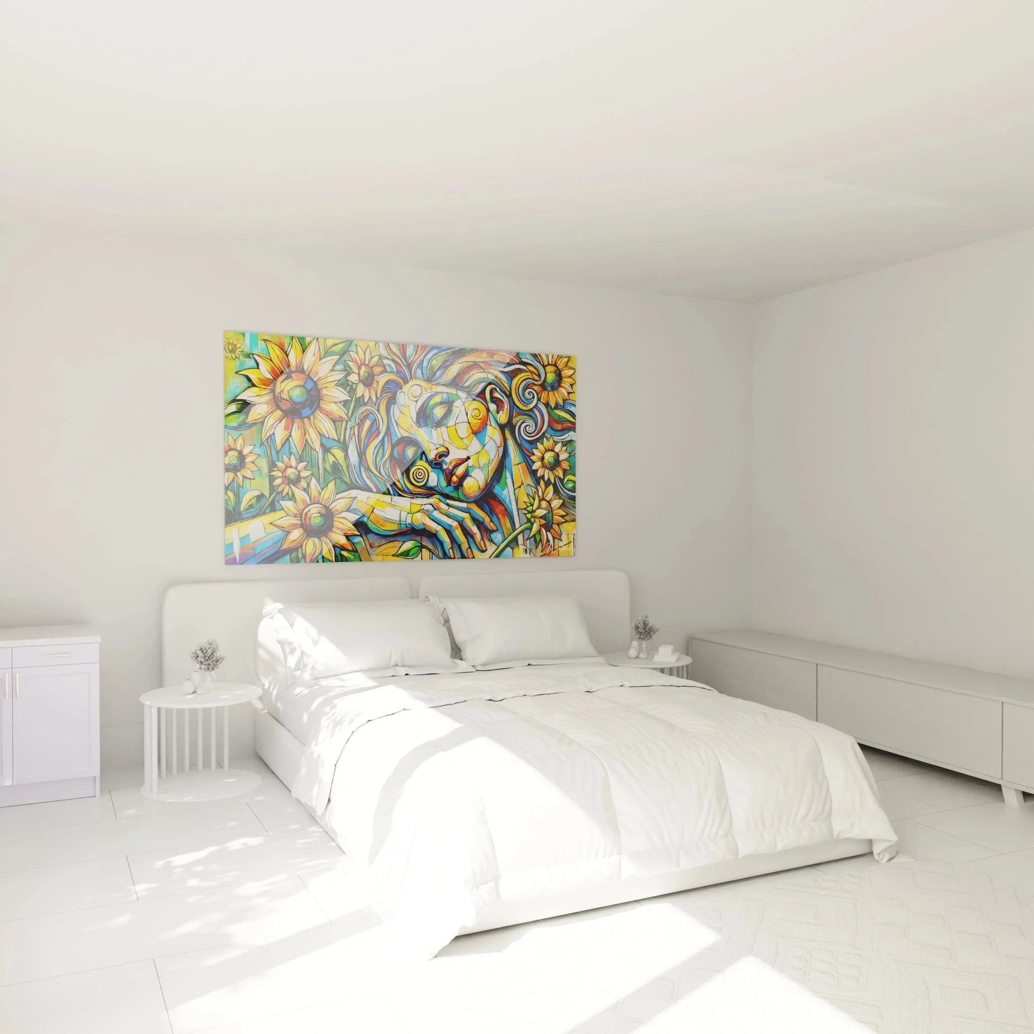 Fauvistisches Wandbild Sonnenblumen in Schlafzimmer Ambiente mit warmer Beleuchtung und moderner Einrichtung