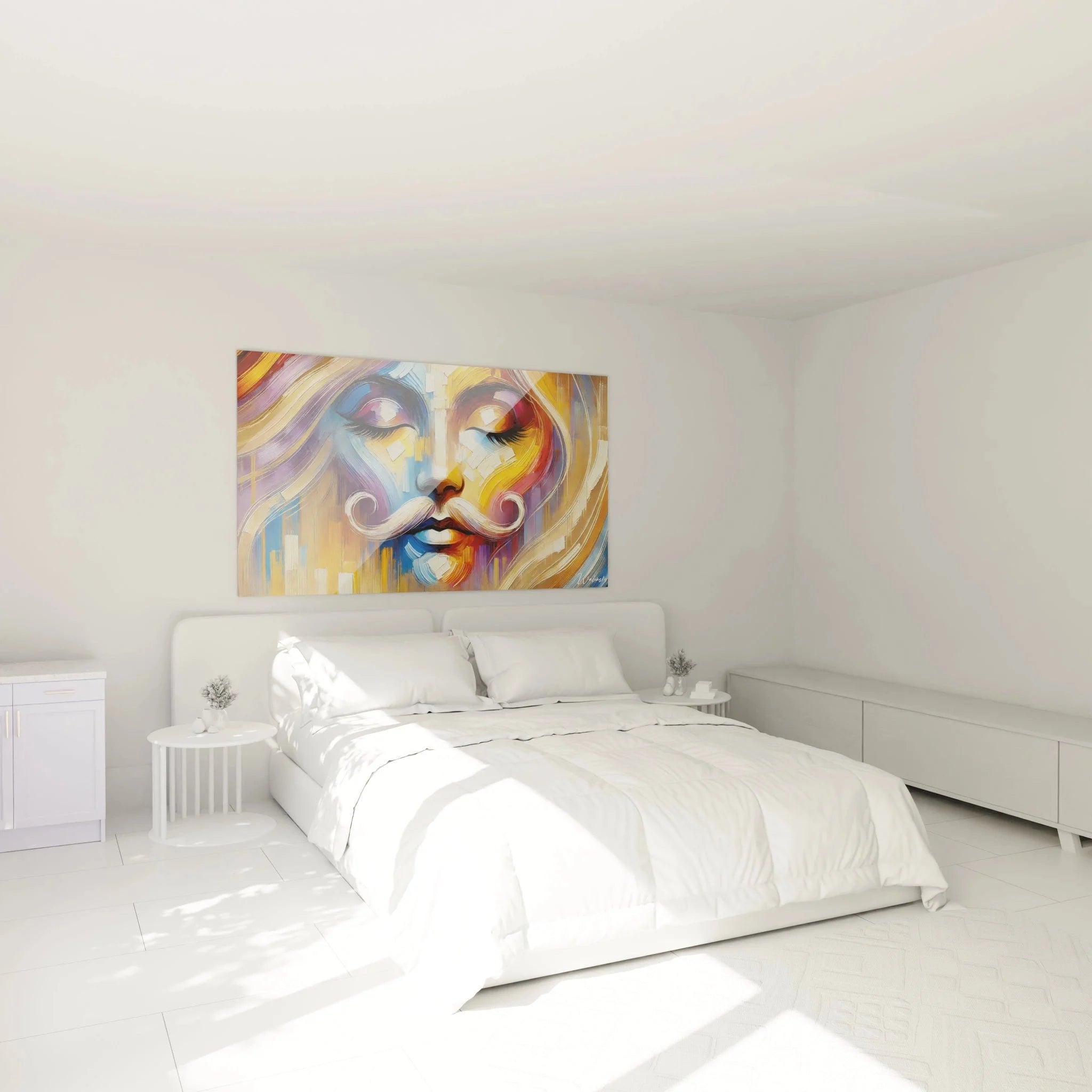Fauvistisches Wandbild mit stilisiertem Gesicht und Schnurrbart als moderne Wanddekoration im Schlafzimmer