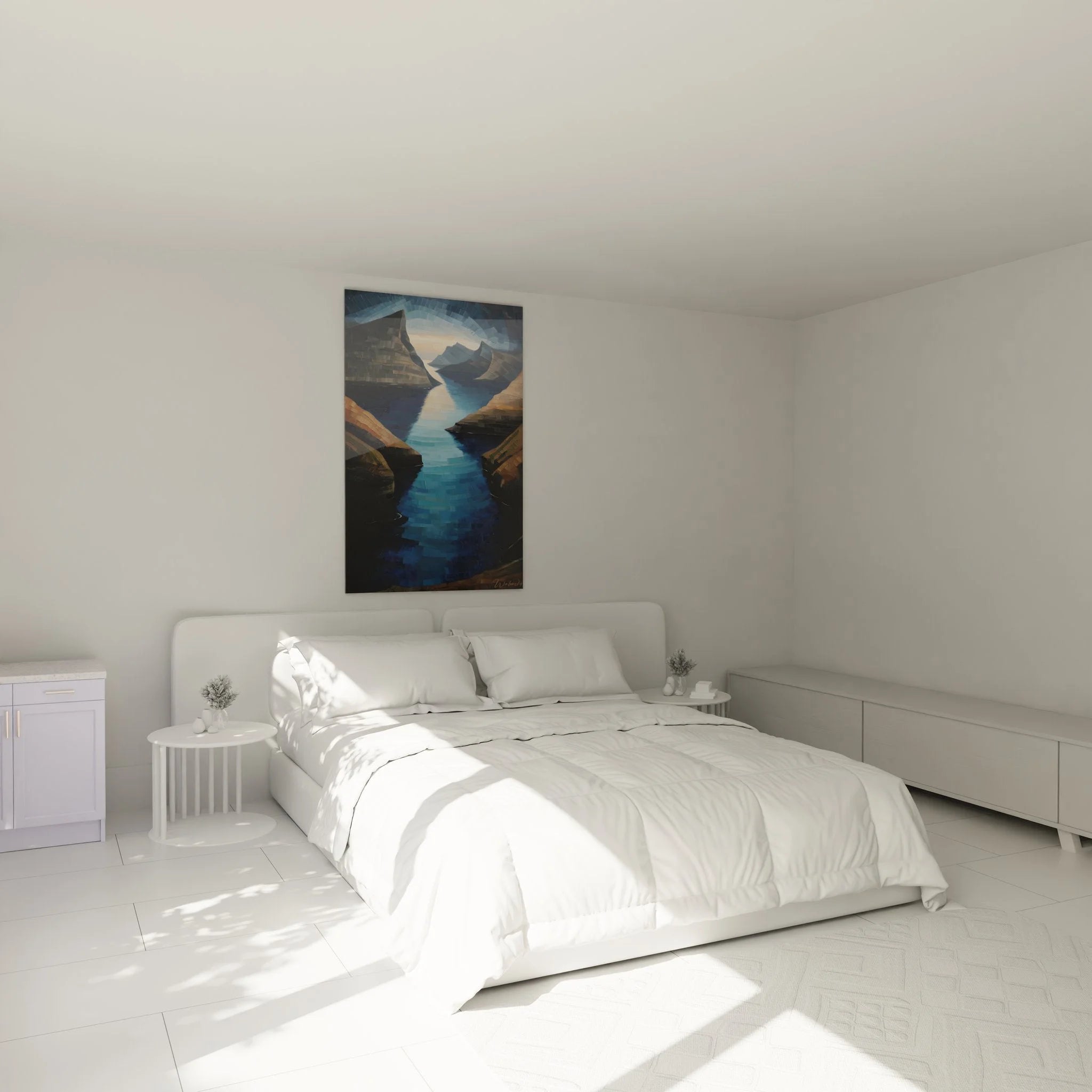 Fjord Wandbild XXL in modernem Schlafzimmer, geometrische Mosaik-Landschaft über dem Bett