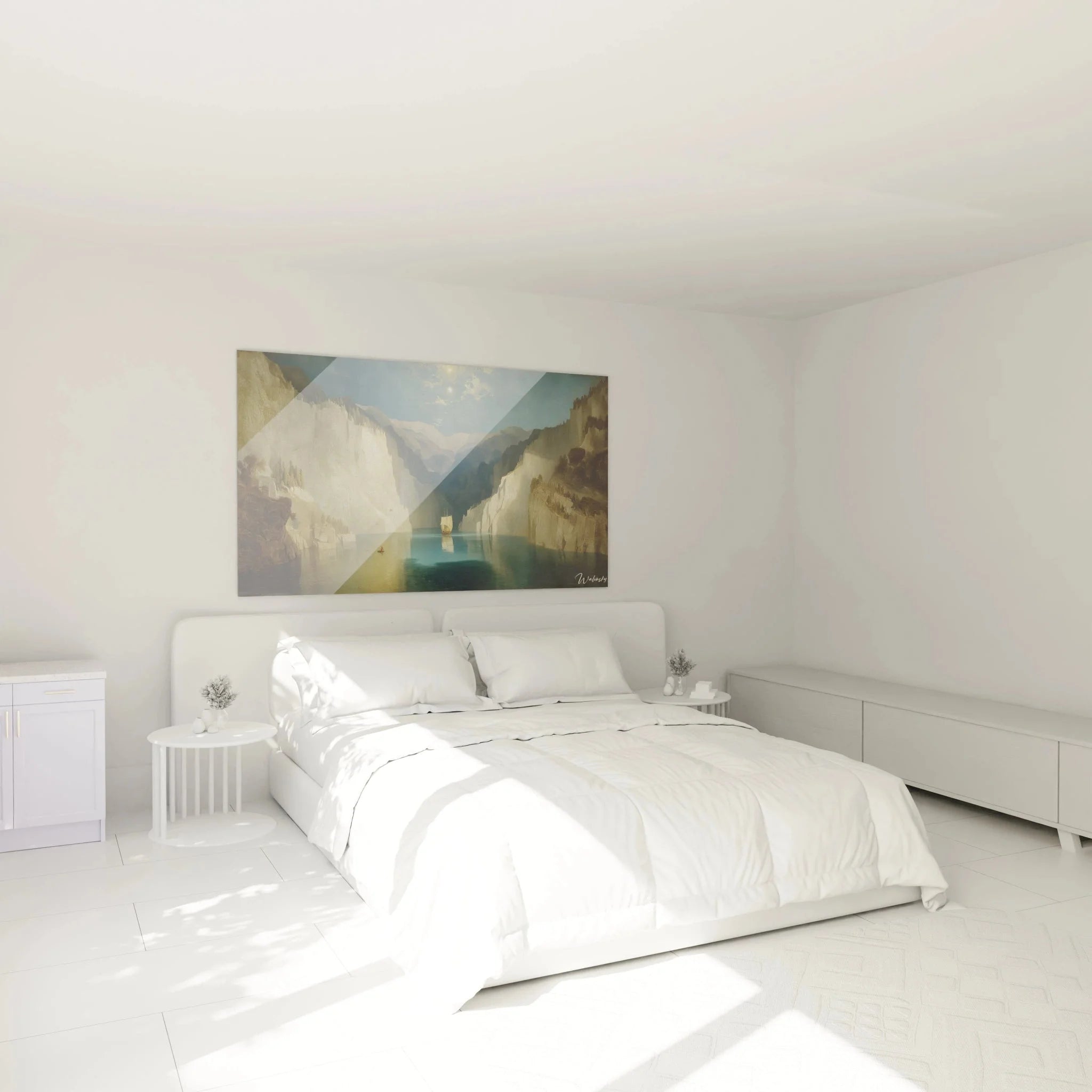 Romantisches Fjord Wandbild XXL in elegantem Schlafzimmer mit nordischer Landschaft und Mondschein
