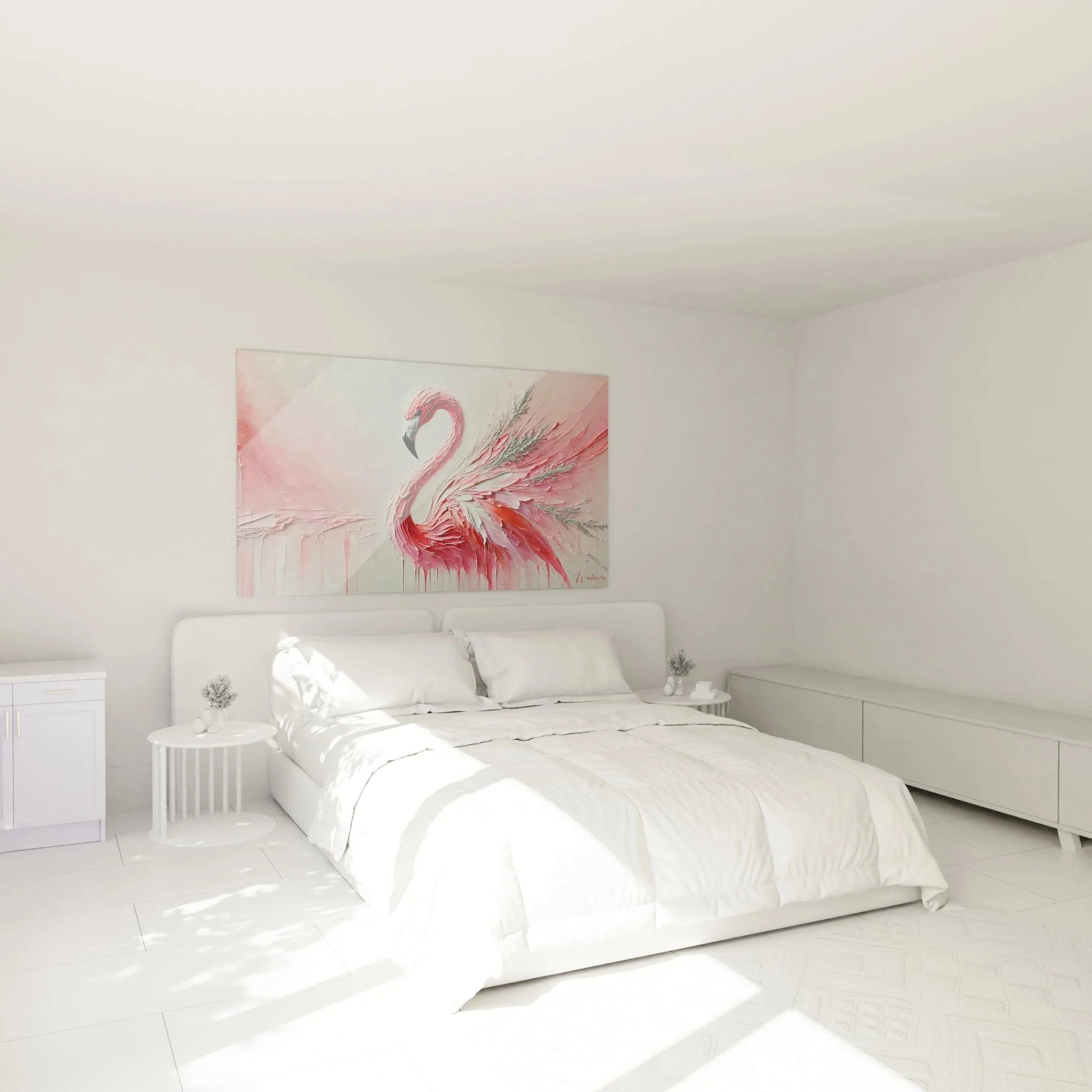 Flamingo Leinwandkunst abstrakt in modernem Schlafzimmer - rosa Wanddekoration XXL