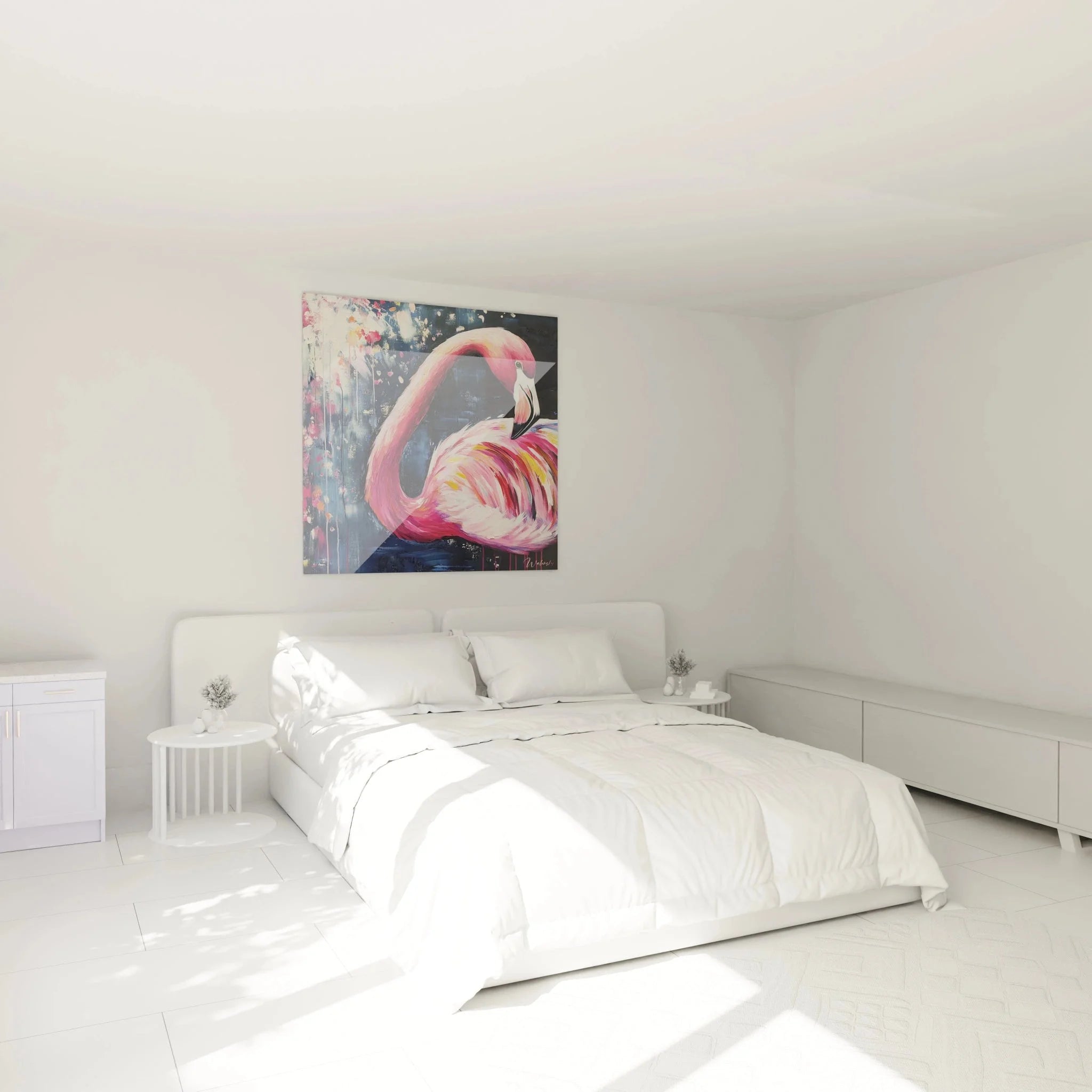 Flamingo Wandbild rosa Eleganz in modernem Schlafzimmer als stilvolle Wanddekoration