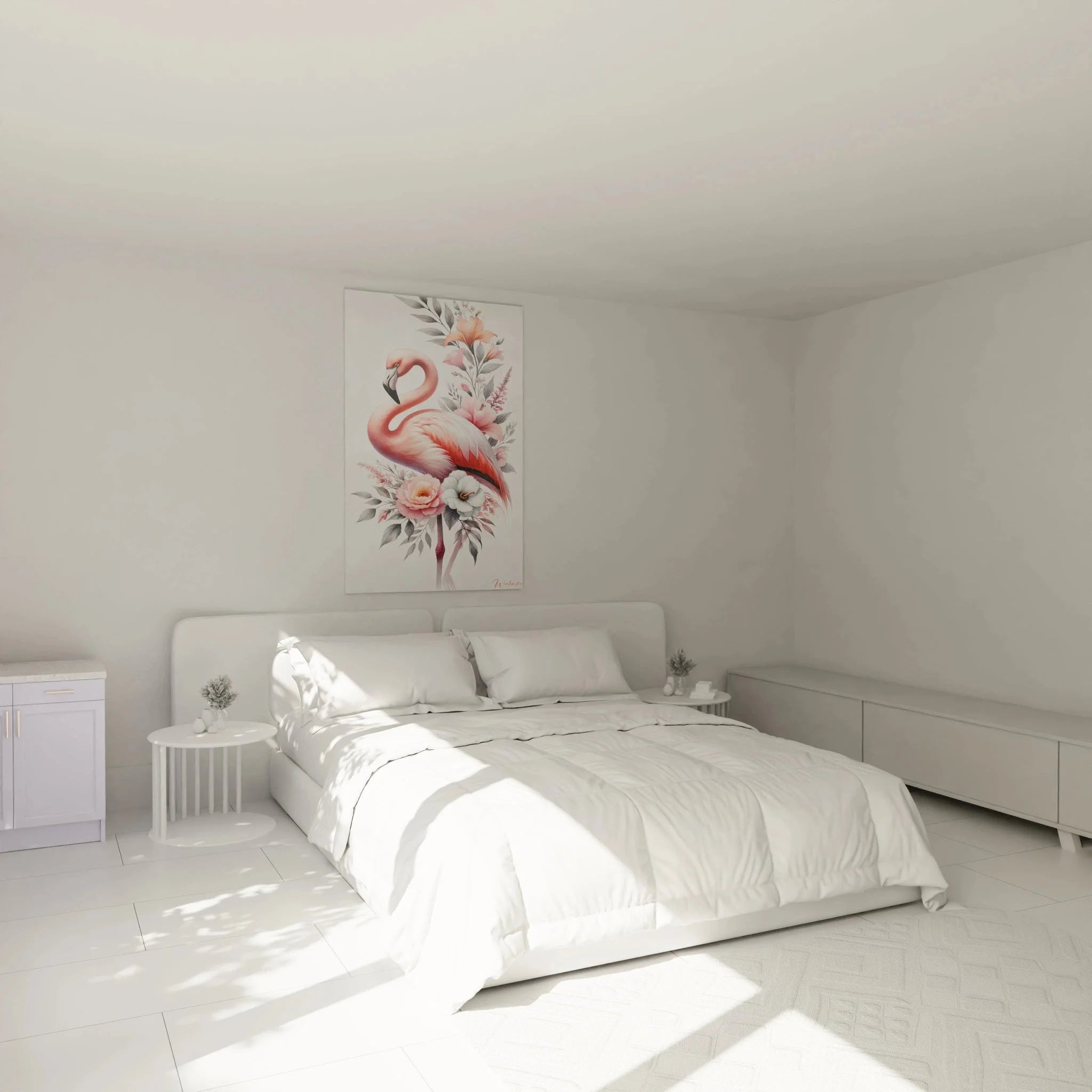 Wandbild Flamingo mit Blüten als stilvolle Schlafzimmer Dekoration über dem Bett