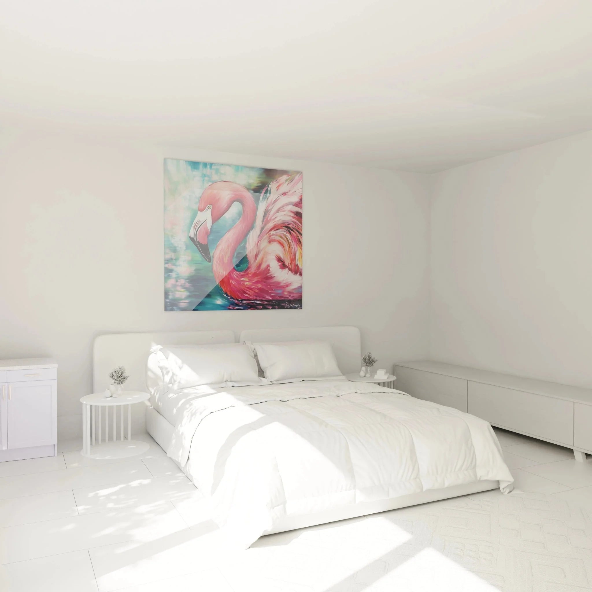 Wandbild Flamingo Farbenpracht im Schlafzimmer - stilvolle Rosa Wanddekoration für moderne Wohnräume