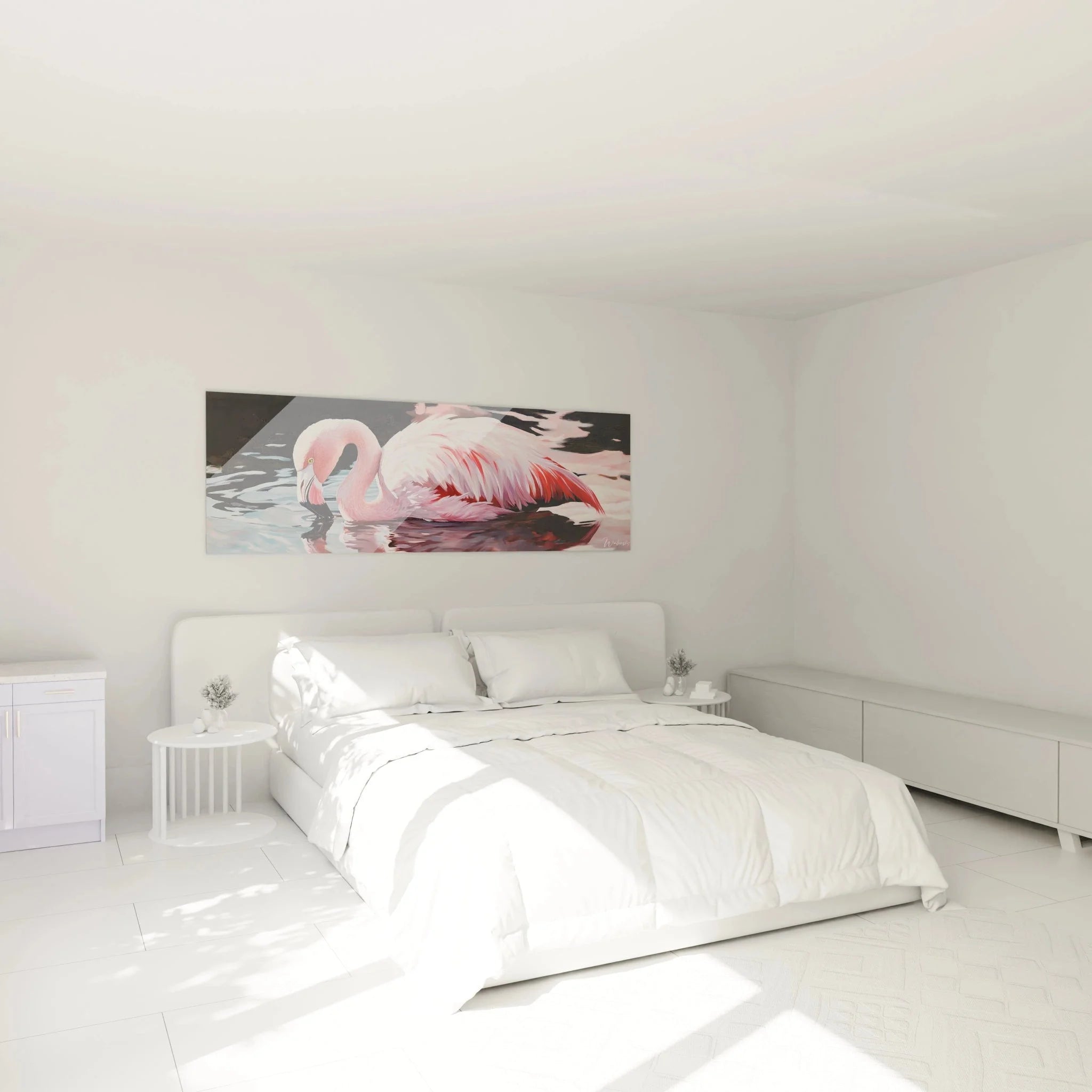 Flamingo Wandbild rosa in modernem Schlafzimmer, tropische Wanddeko über dem Bett