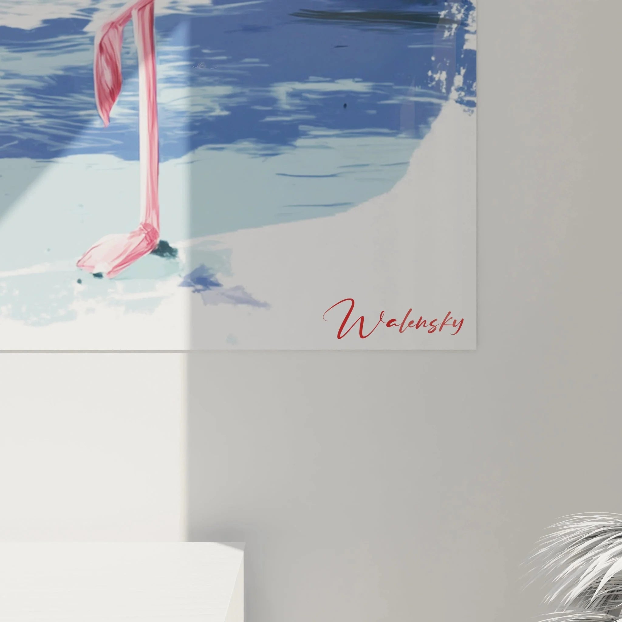 Wandbild Flamingo Gesamtansicht - XXL Sommer Wanddeko mit tropischem Strand und Sonnenuntergang