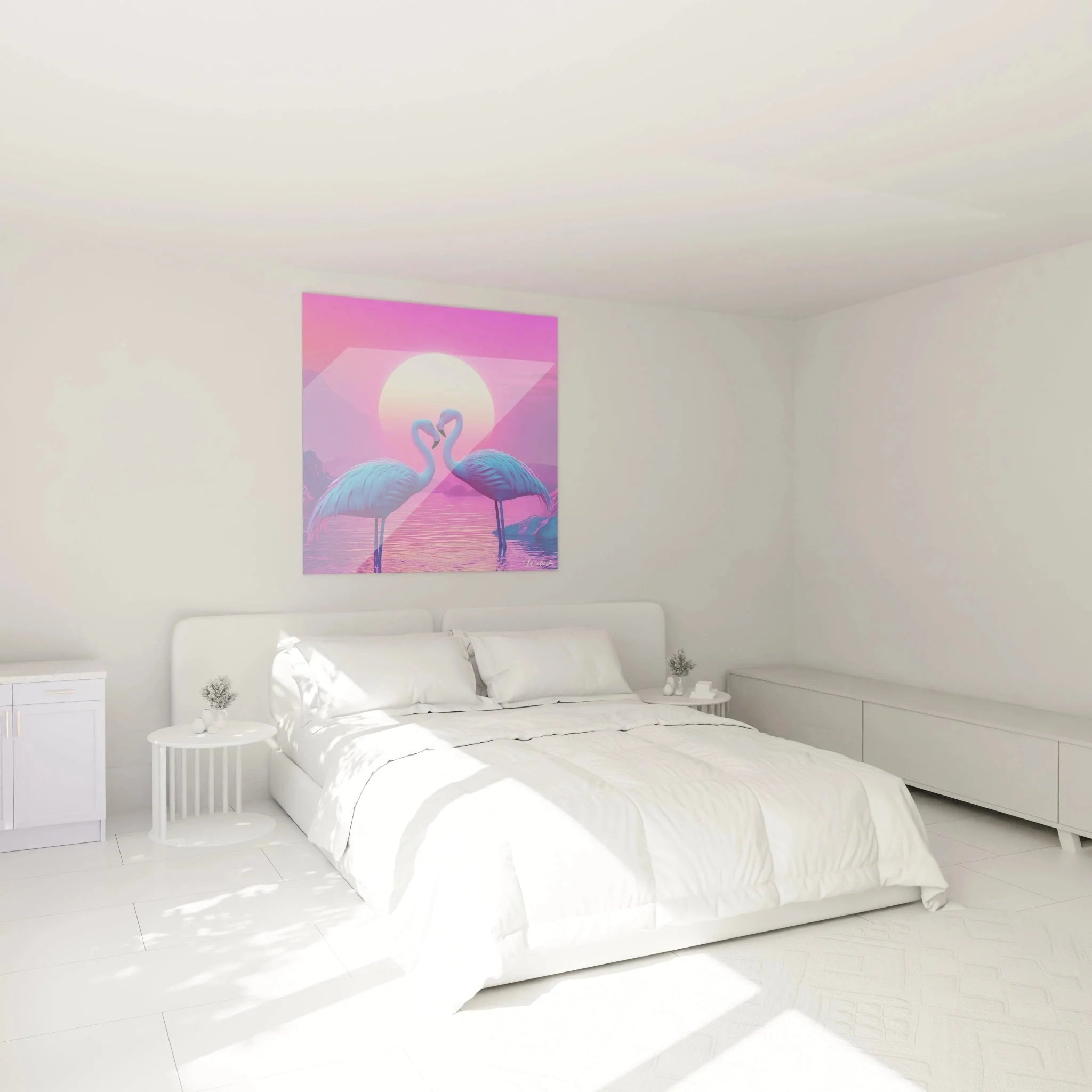 Flamingo Wandbild XXL als moderne Schlafzimmerdekoration in pink-violetten Farbtönen
