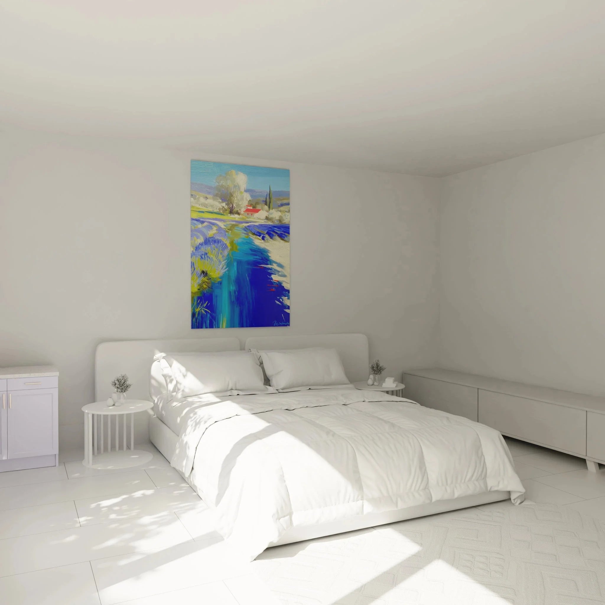 Impressionistische Flusslandschaft Wanddekoration im Schlafzimmer mit blauen Wassertönen