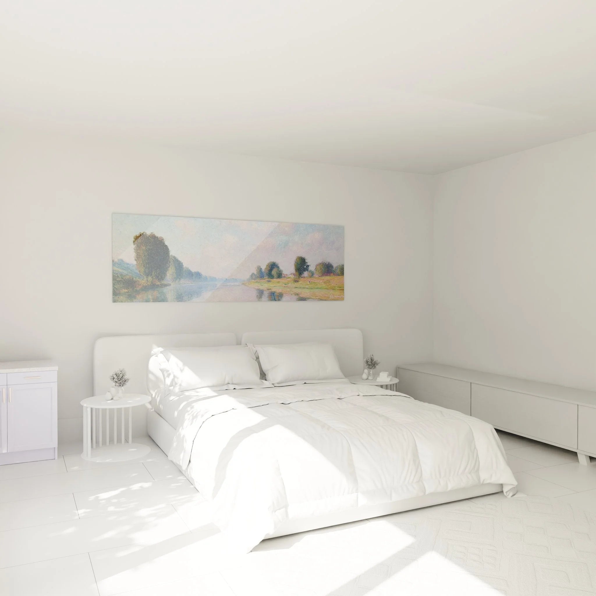 Impressionistische Flusslandschaft Wanddekoration im Schlafzimmer mit harmonischen Naturtönen