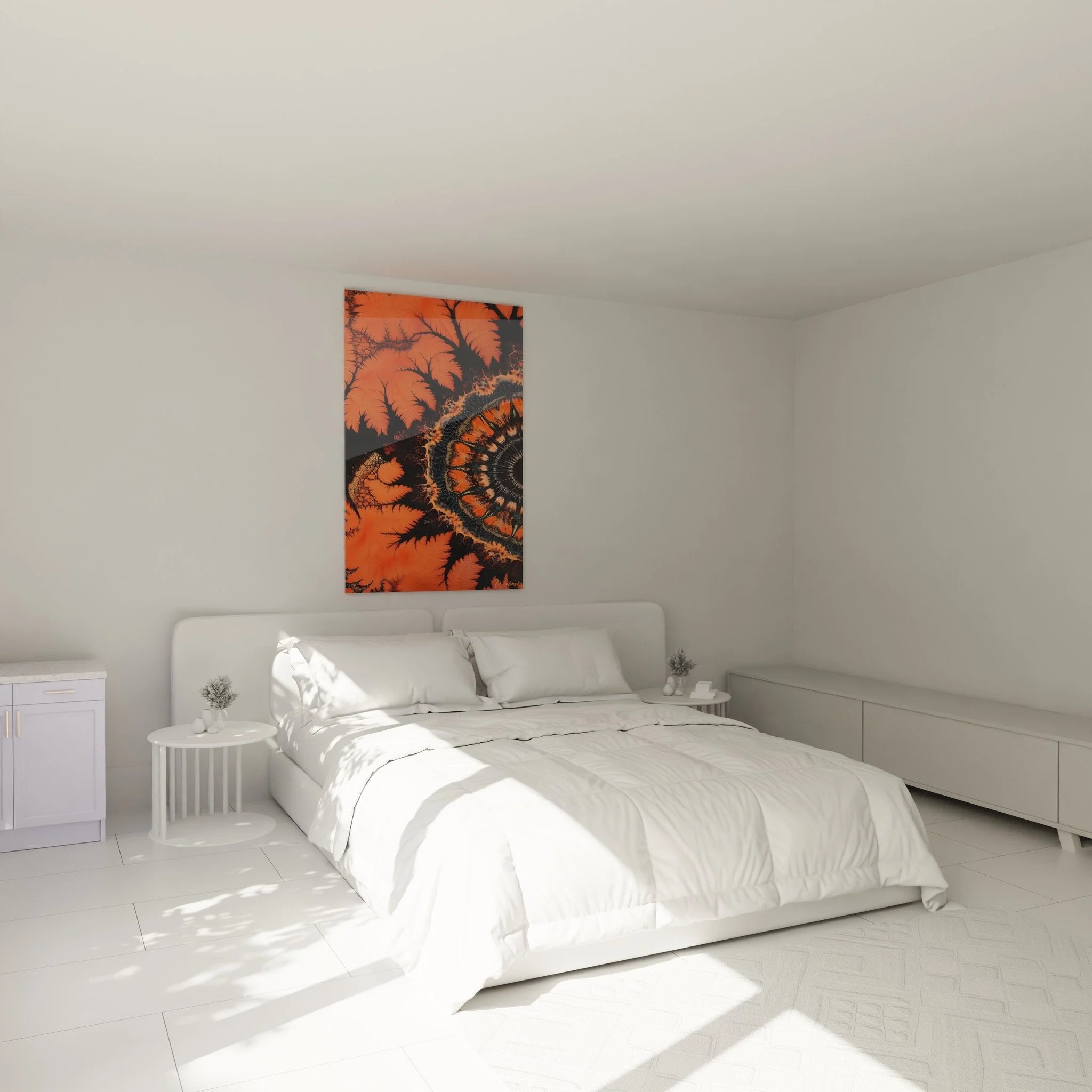 Fraktal Korallen Wandbild in Schlafzimmer Ambiente mit warmen Orange-Farben für moderne Einrichtung