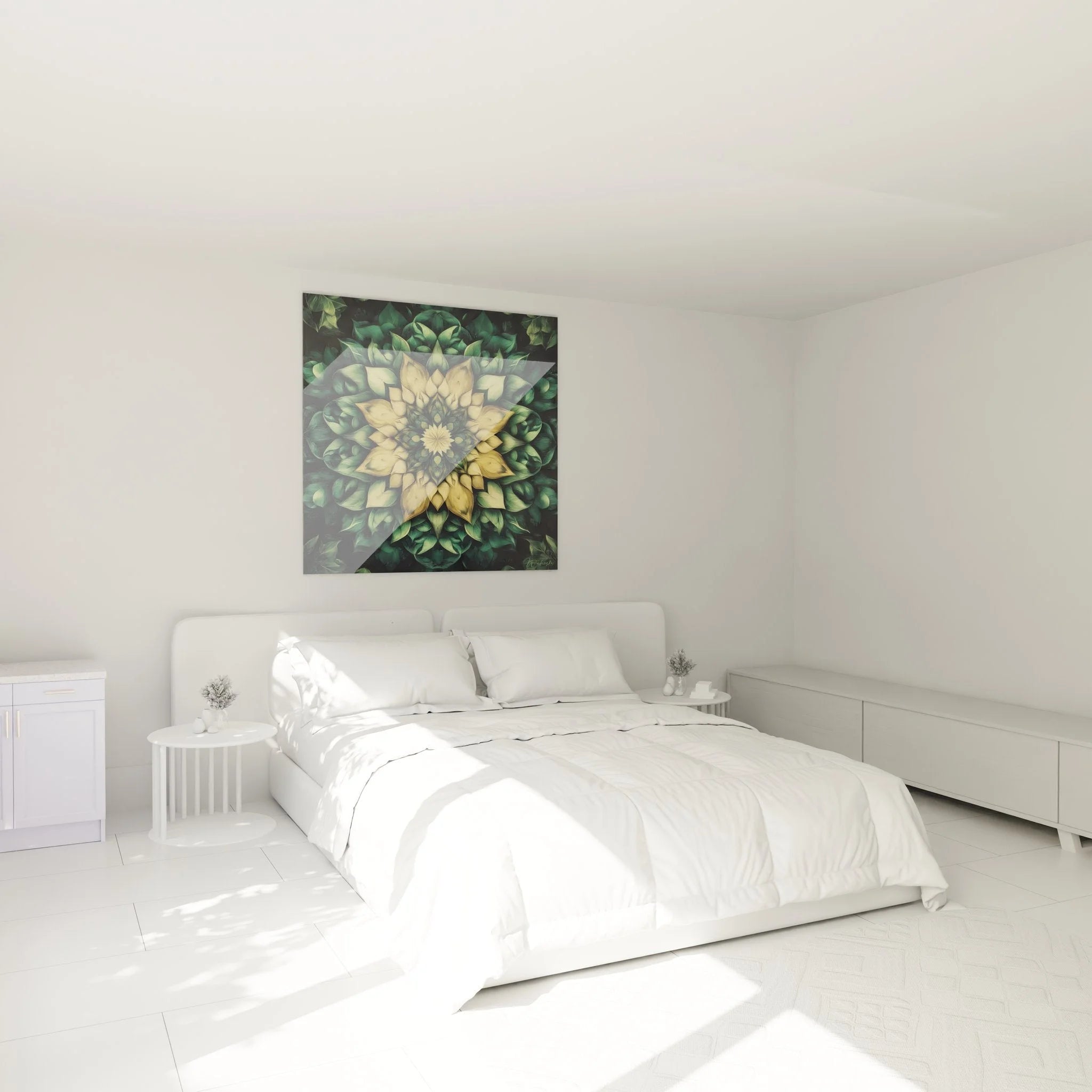 Fraktal Mandala Wandbild mit goldenen Akzenten als Schlafzimmer Dekoration an weißer Wand
