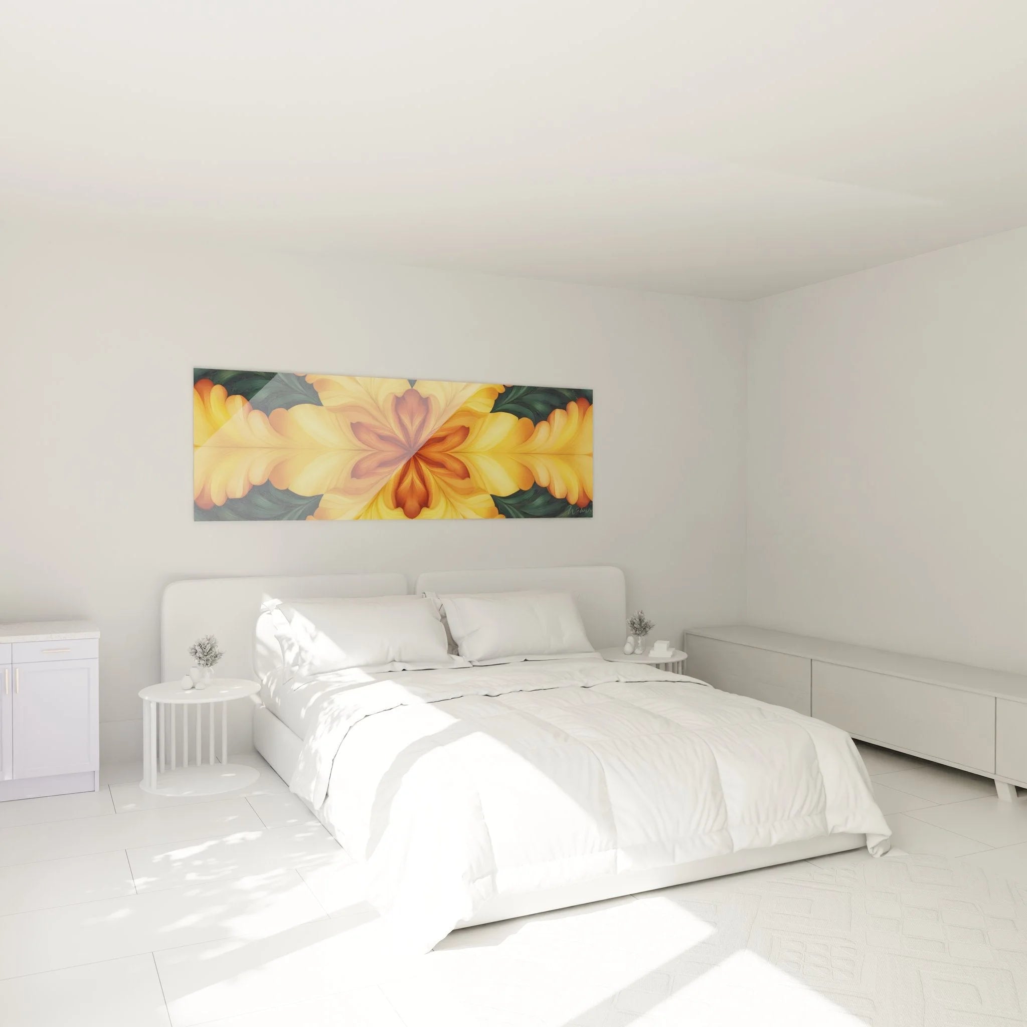 Fraktale Blütenkunst in warmem Gold als stilvolle Wanddekoration im Schlafzimmer