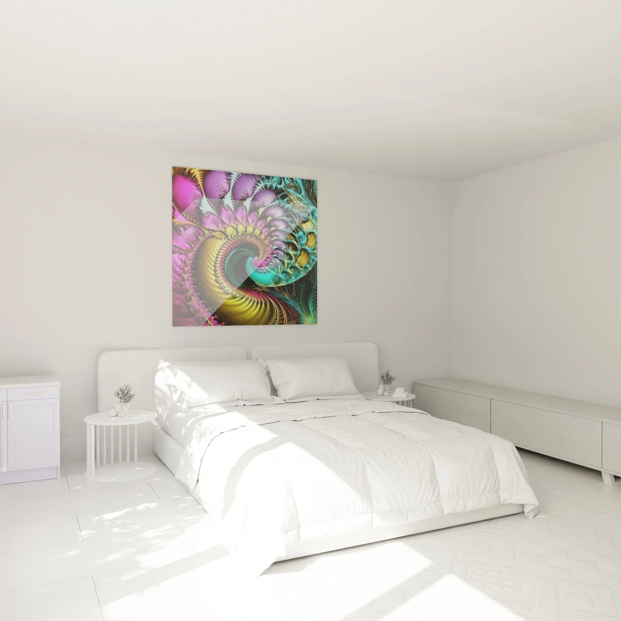 Fraktale Spirale Wandbild in modernem Schlafzimmer - psychedelische Kunst als Wanddekoration XXL