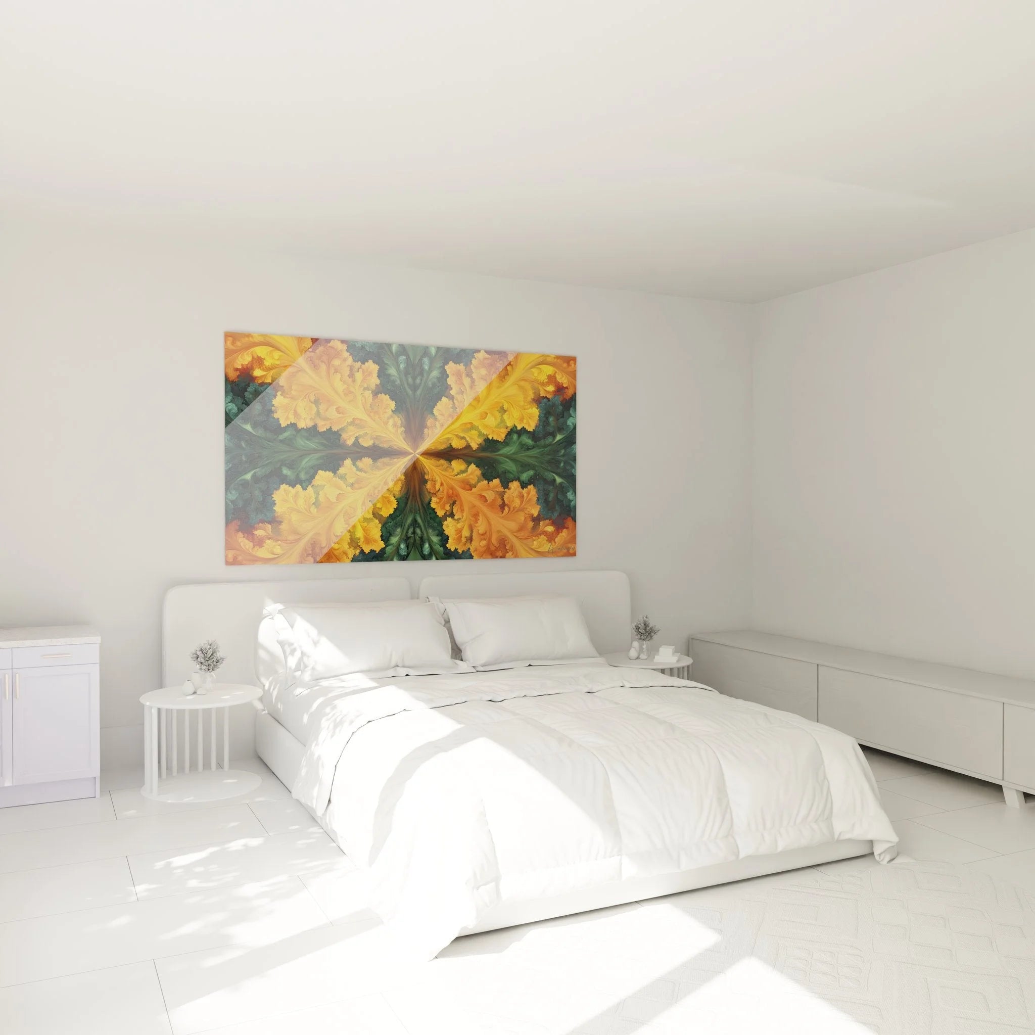 Fraktales Wandbild Goldene Blüte im Schlafzimmer - elegante abstrakte Kunst als Raumdekoration