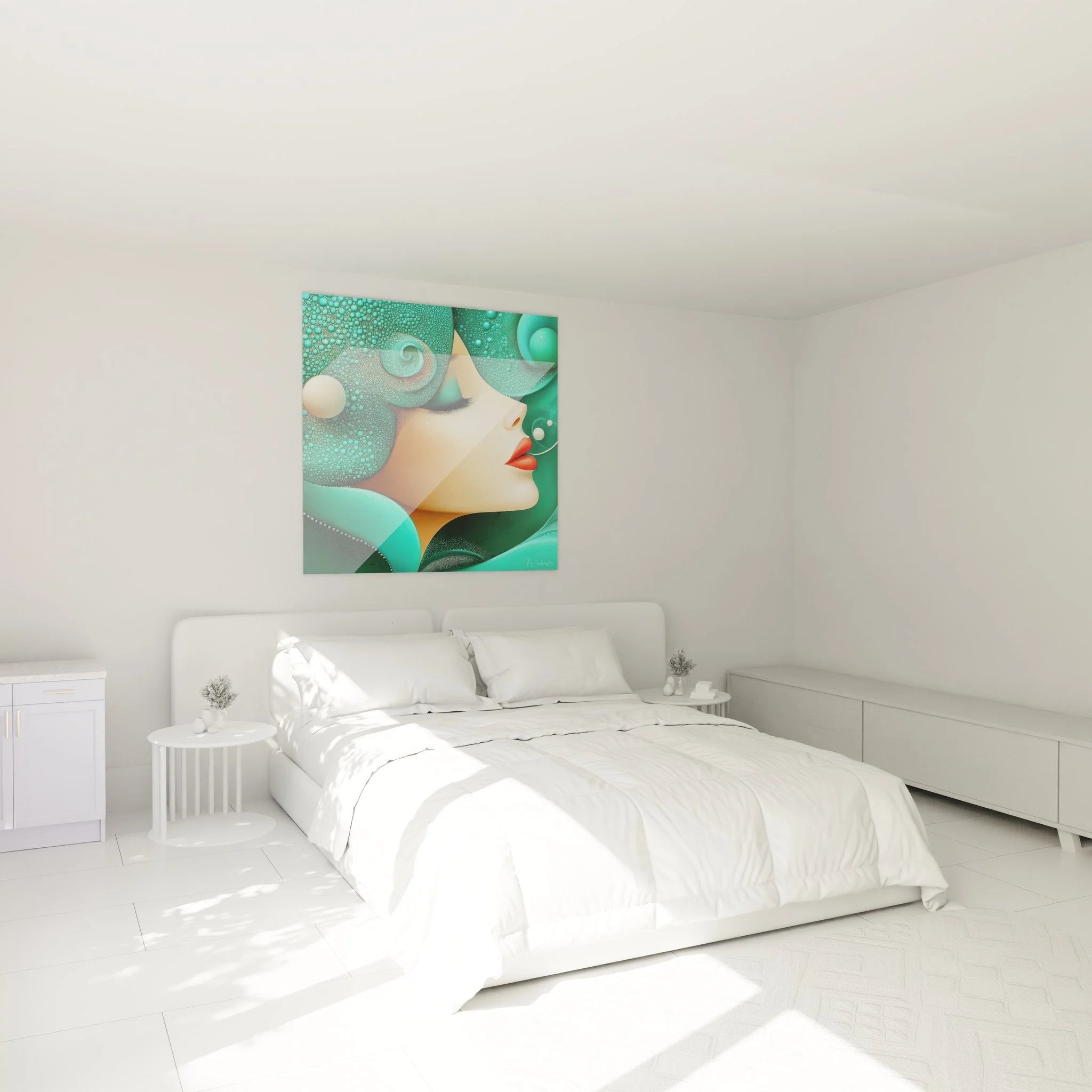 Elegantes Frauenporträt Wandbild in Schlafzimmer Ambiente - türkise figurativ abstrakte Dekoration