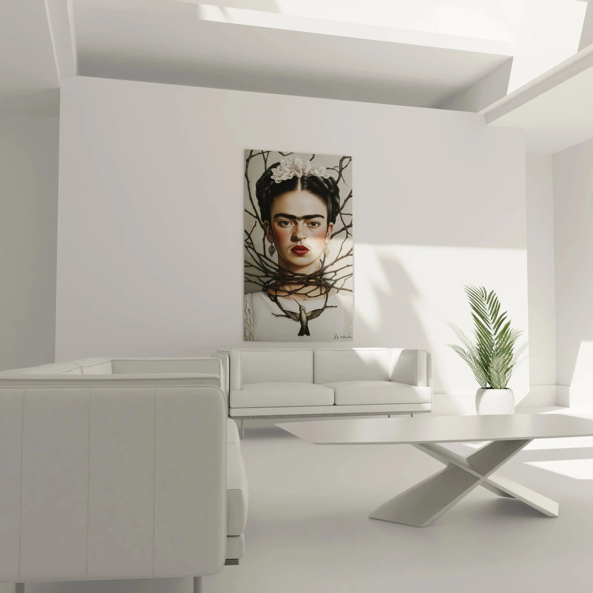 Detailaufnahme Frida Kahlo Kunstdruck zeigt Gesicht mit charakteristischen Augenbrauen und Lippen