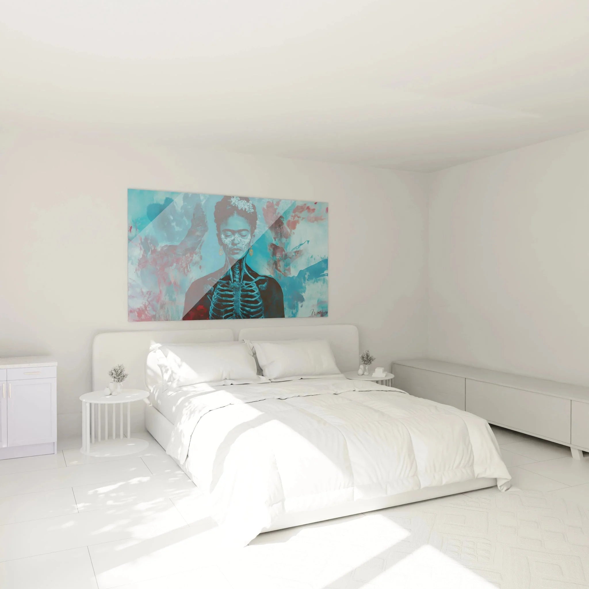 Frida Kahlo Skelett Wandbild XXL in modernem Schlafzimmer, türkis-rosa Wanddekoration