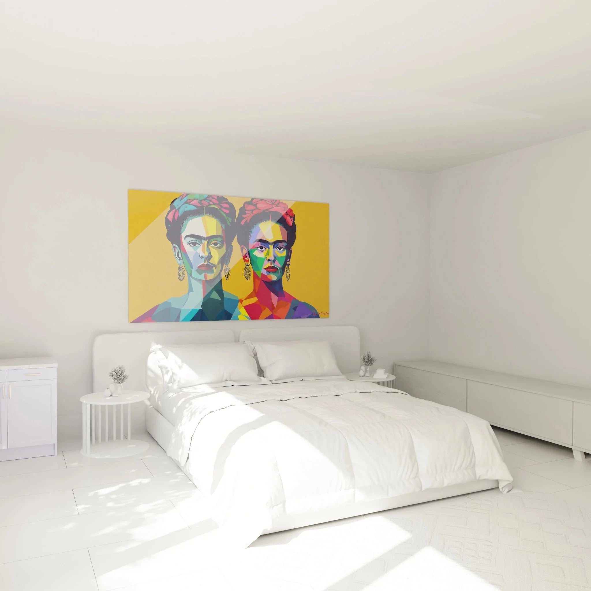 Frida Kahlo Pop Art Wandbild im Schlafzimmer Ambiente moderne Wanddekoration geometrische Kunst