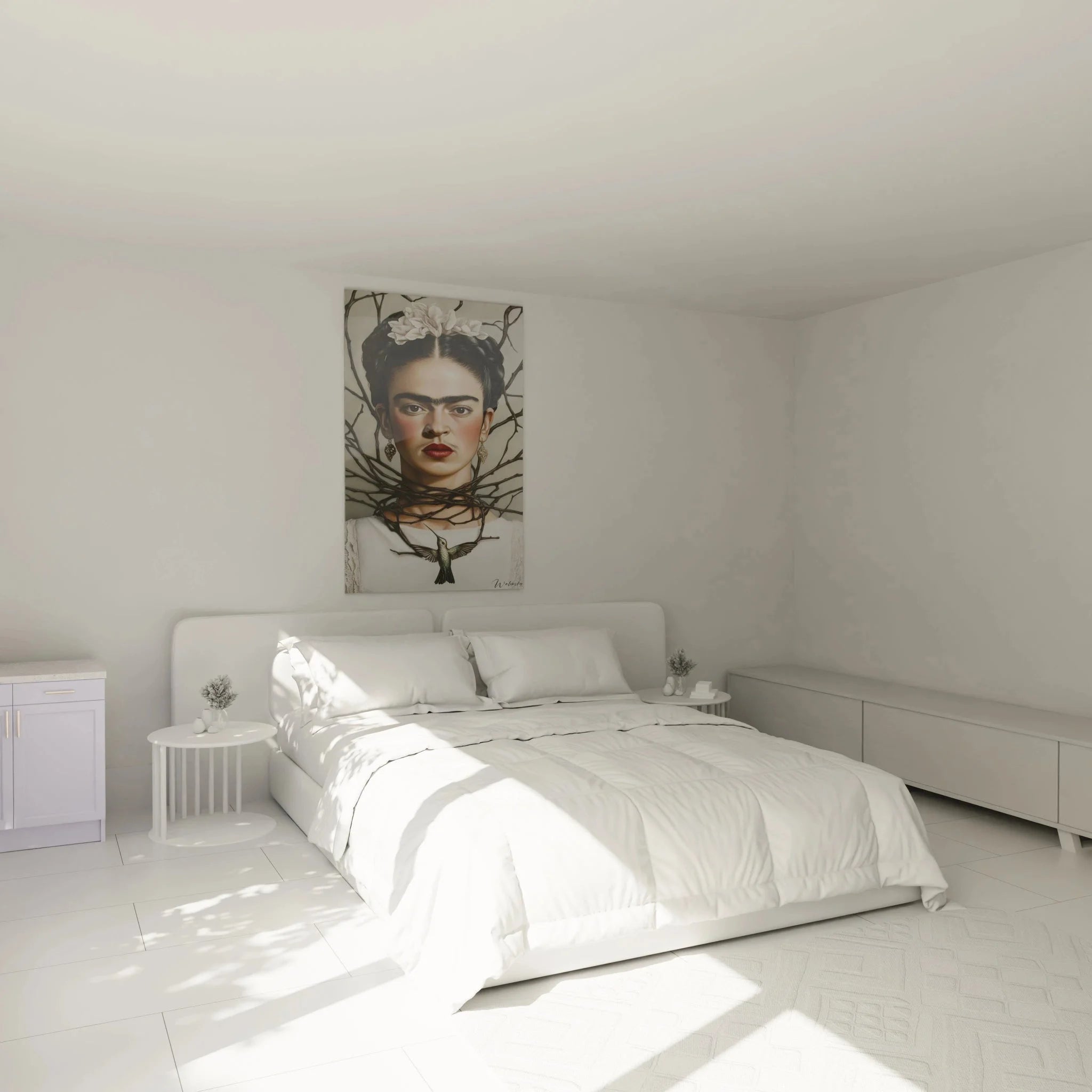 Frida Kahlo Wandbild XXL im Schlafzimmer, moderne Interpretation mit Kolibri-Motiv