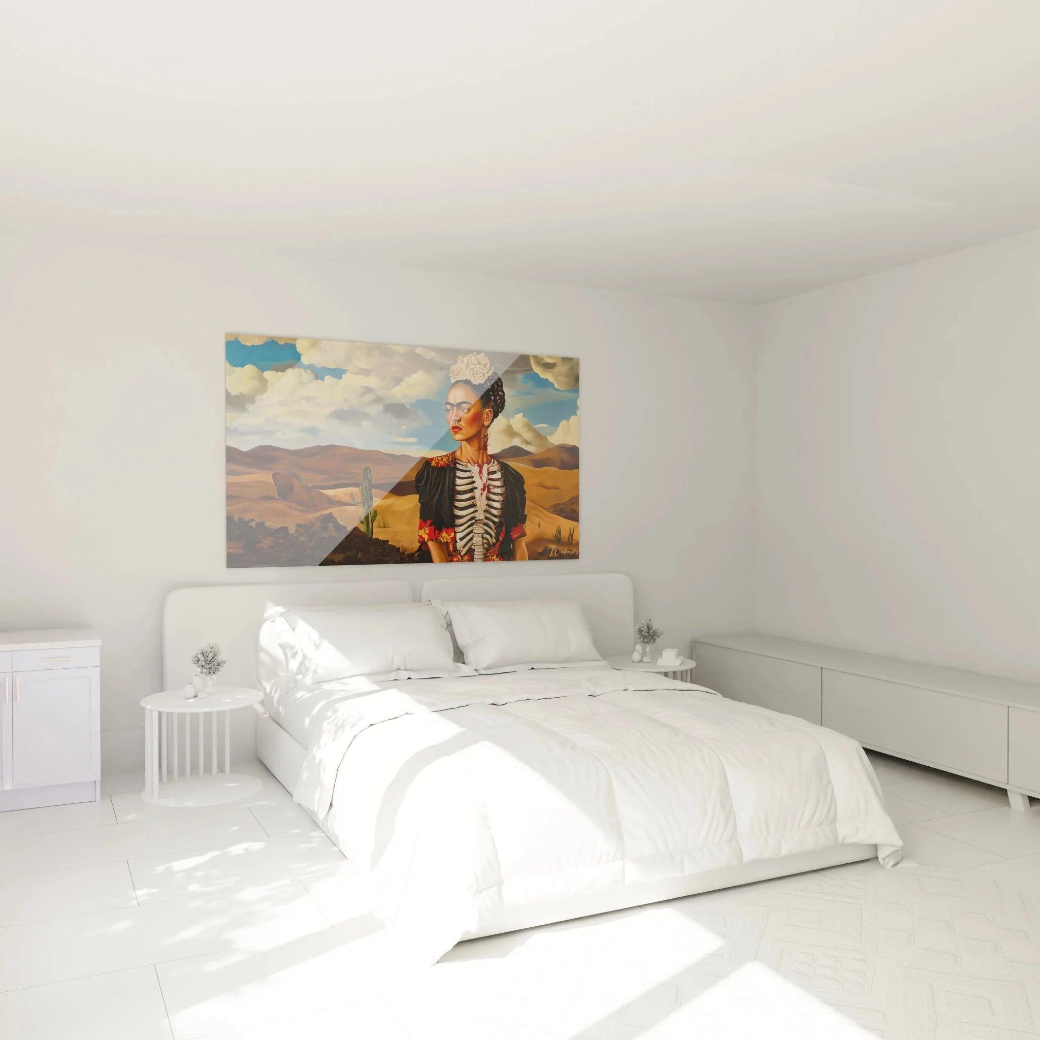 Frida Kahlo Wandbild XXL in modernem Schlafzimmer über dem Bett als Wanddekoration