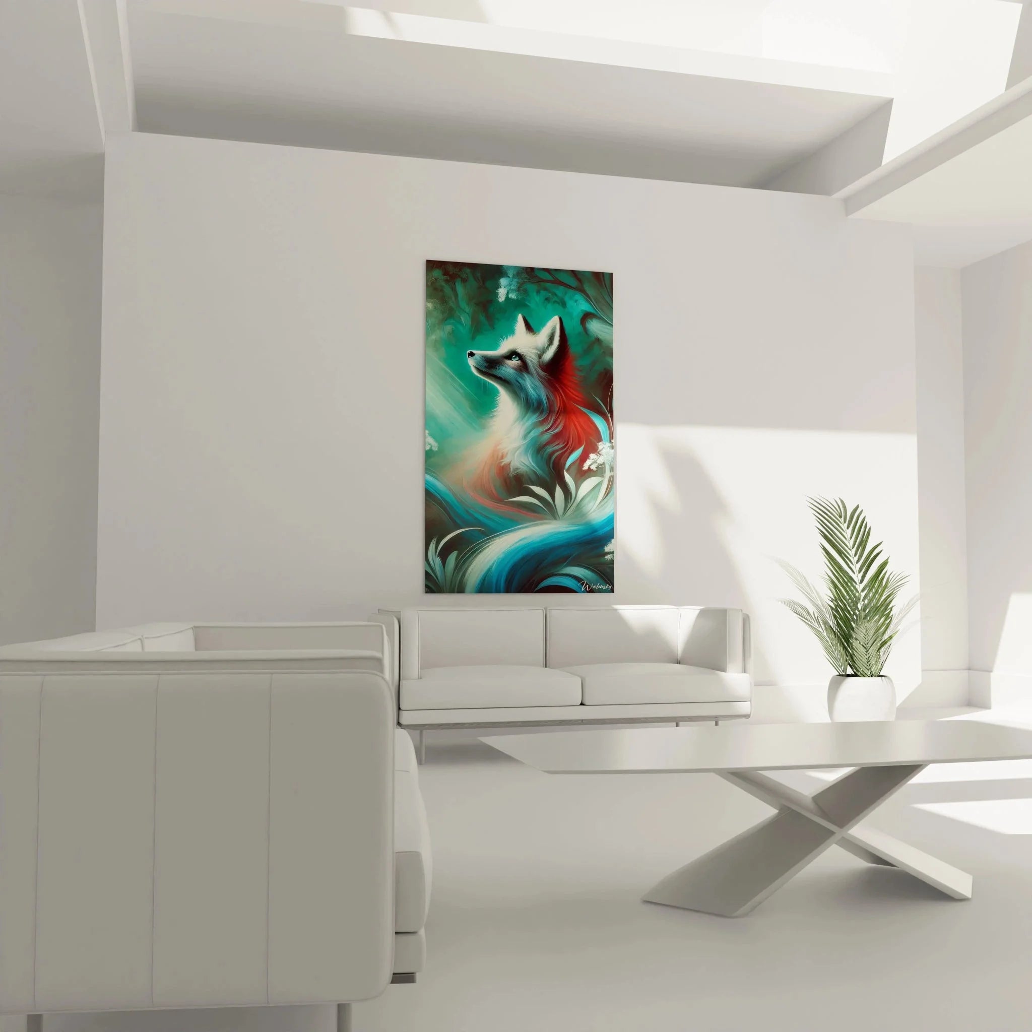 Detailansicht Fuchs Kunstdruck - leuchtende blaue Augen und rötliches Fell in Nahaufnahme