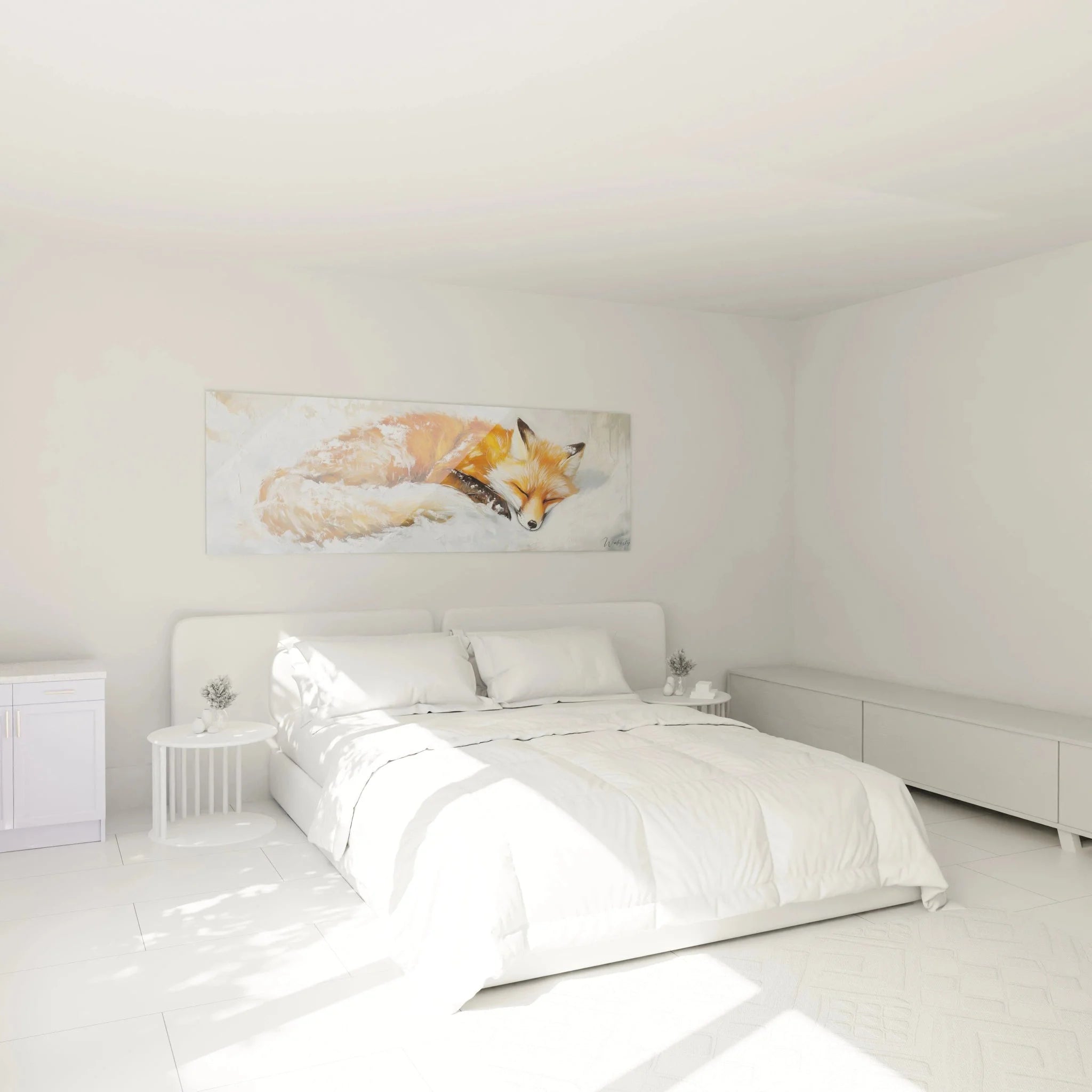 Fuchs Wandbild im Schlafzimmer - schlafender Fuchs Schnee Wanddekoration modern