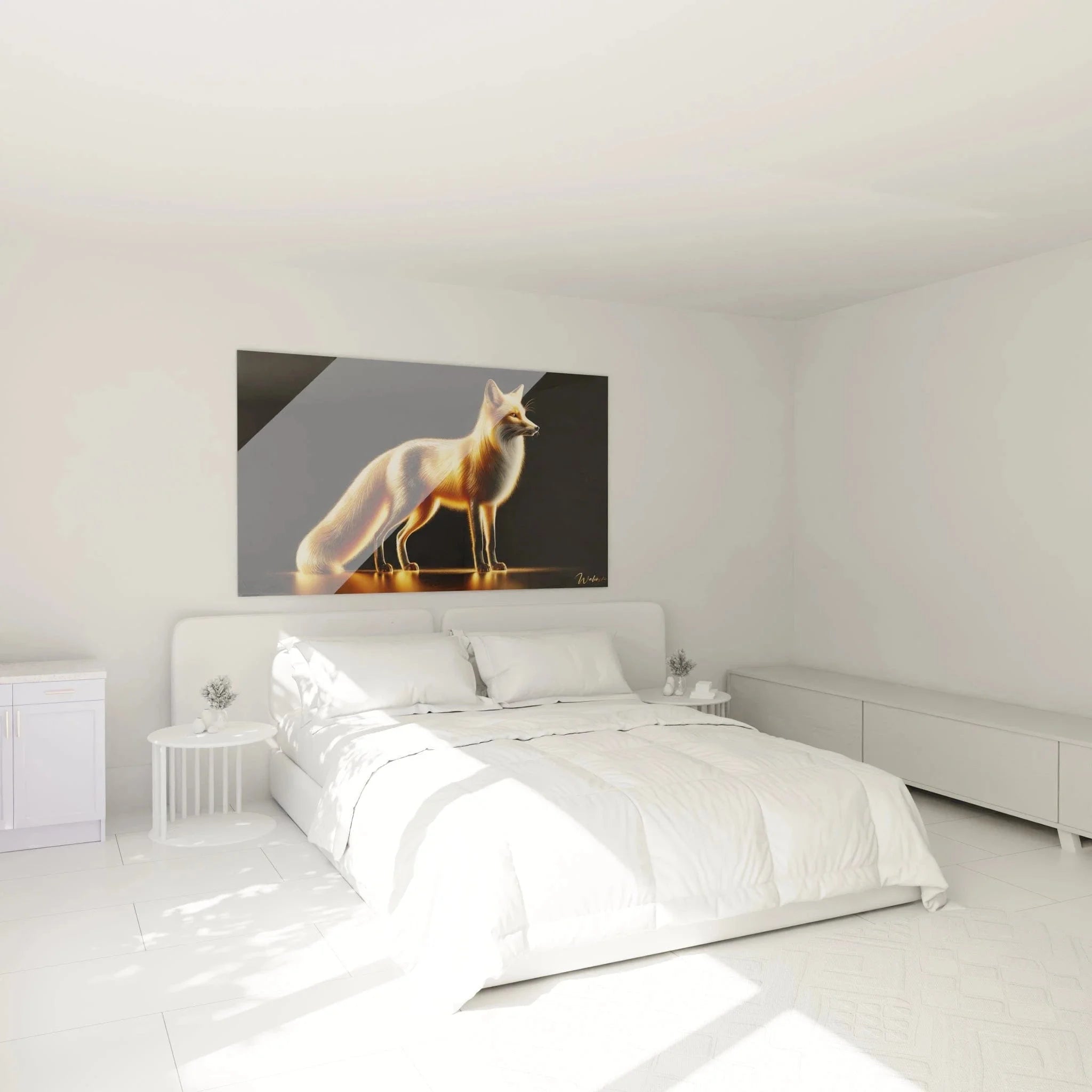 Fuchs Wandbild XXL in elegantem Schlafzimmer - moderne Tierkunst als Wanddekoration