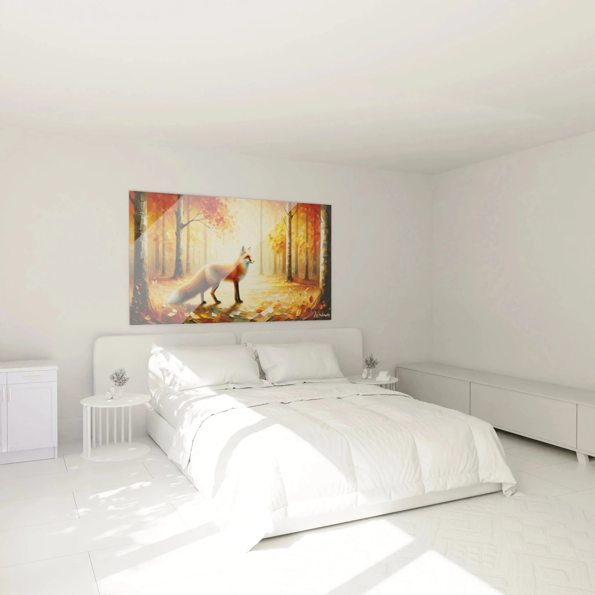 Fuchs Wandbild XXL in Schlafzimmer Ambiente - Herbstwald Dekoration für Wohnräume