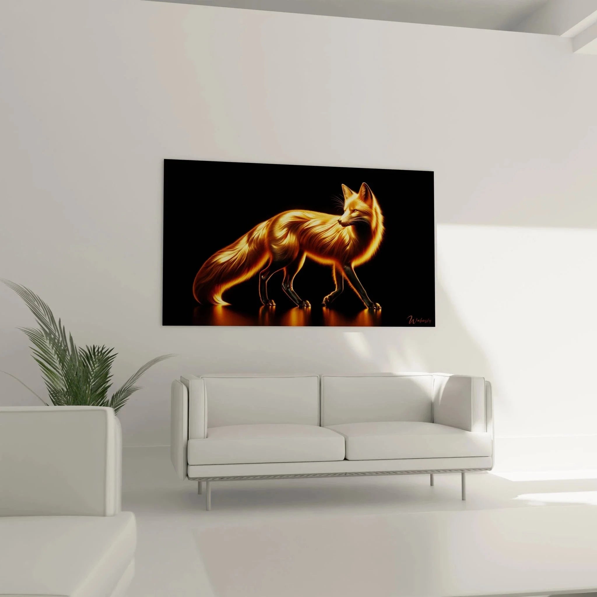 Detailansicht Fuchskopf Wandkunst mit leuchtenden goldenen Fellstrukturen und intelligenten Augen