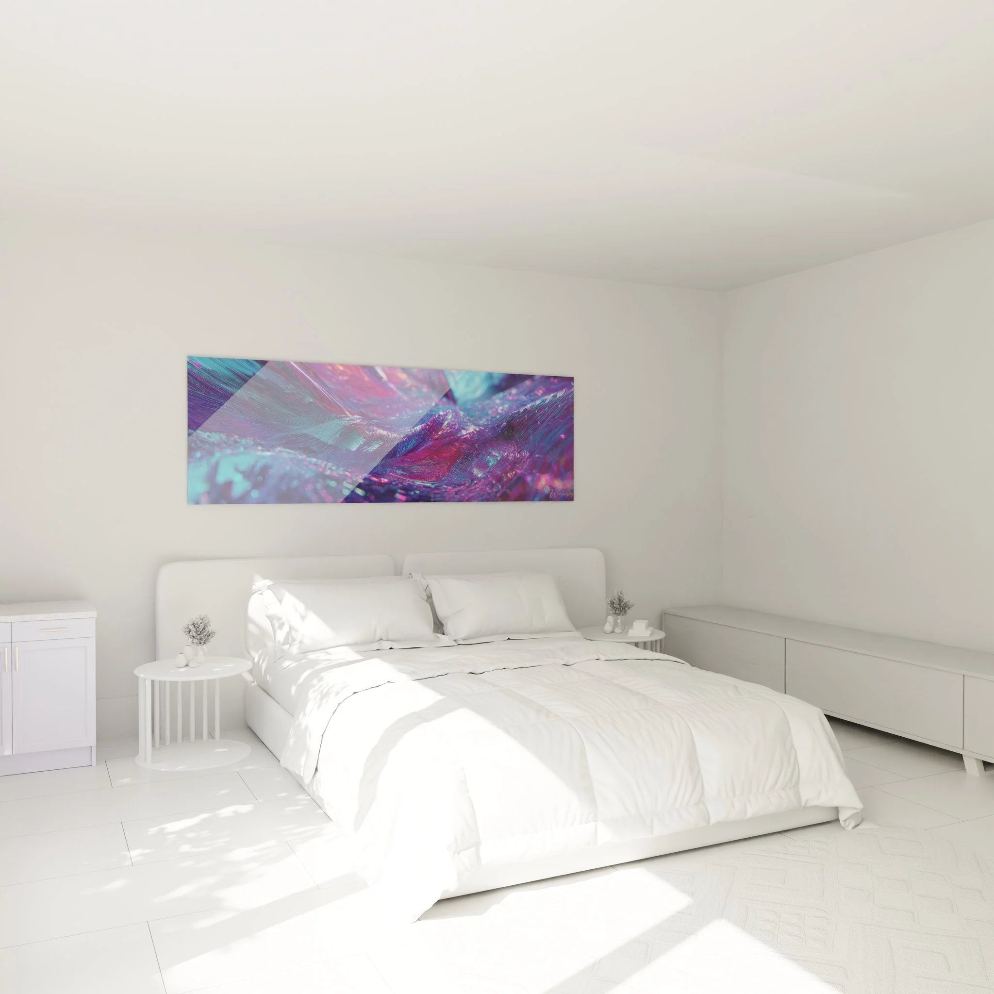 Futuristisches Wandbild mit Wellen im Schlafzimmer - moderne abstrakte Dekoration in Lila-Tönen